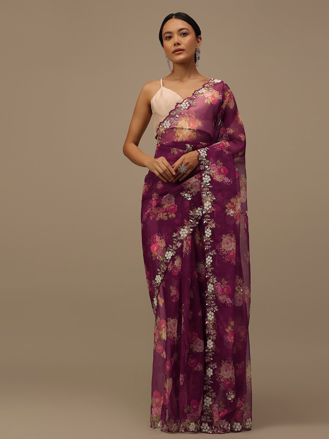 

KALKI Fashion Floral Printed Beads and Stones Detailed Organza Saree, Purple