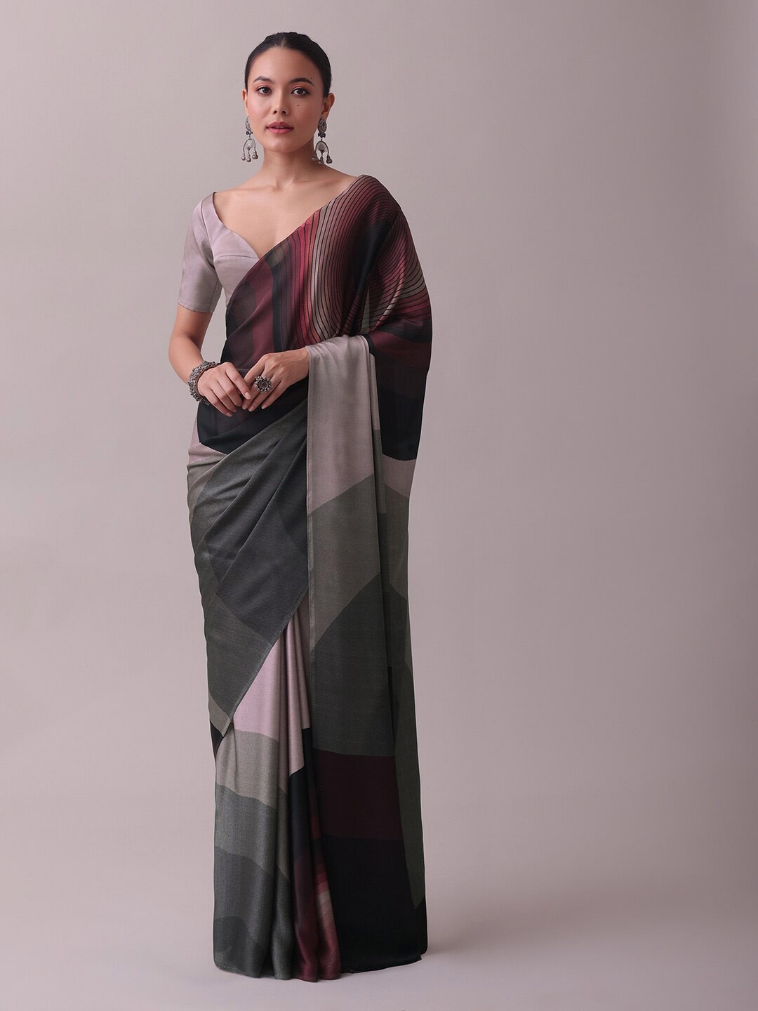

KALKI Fashion Abstract Printed Satin Saree With Blouse, Black