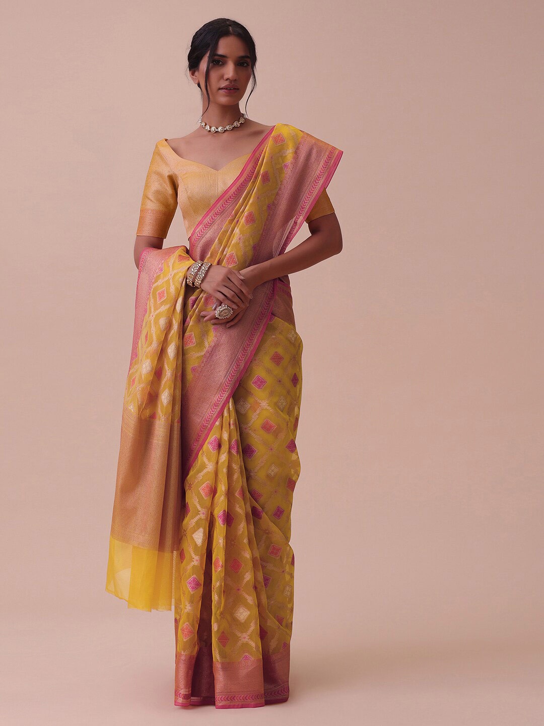 

KALKI Fashion Ethnic Motifs Woven Design Zari Silk Cotton Saree With Blouse, Yellow