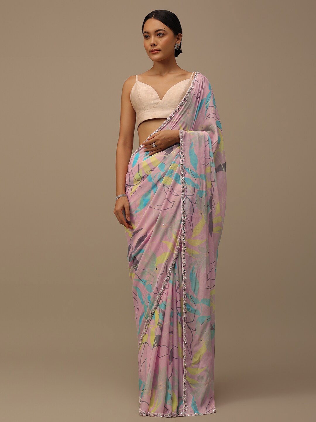 

KALKI Fashion Floral Printed Organza Saree With Blouse, Pink