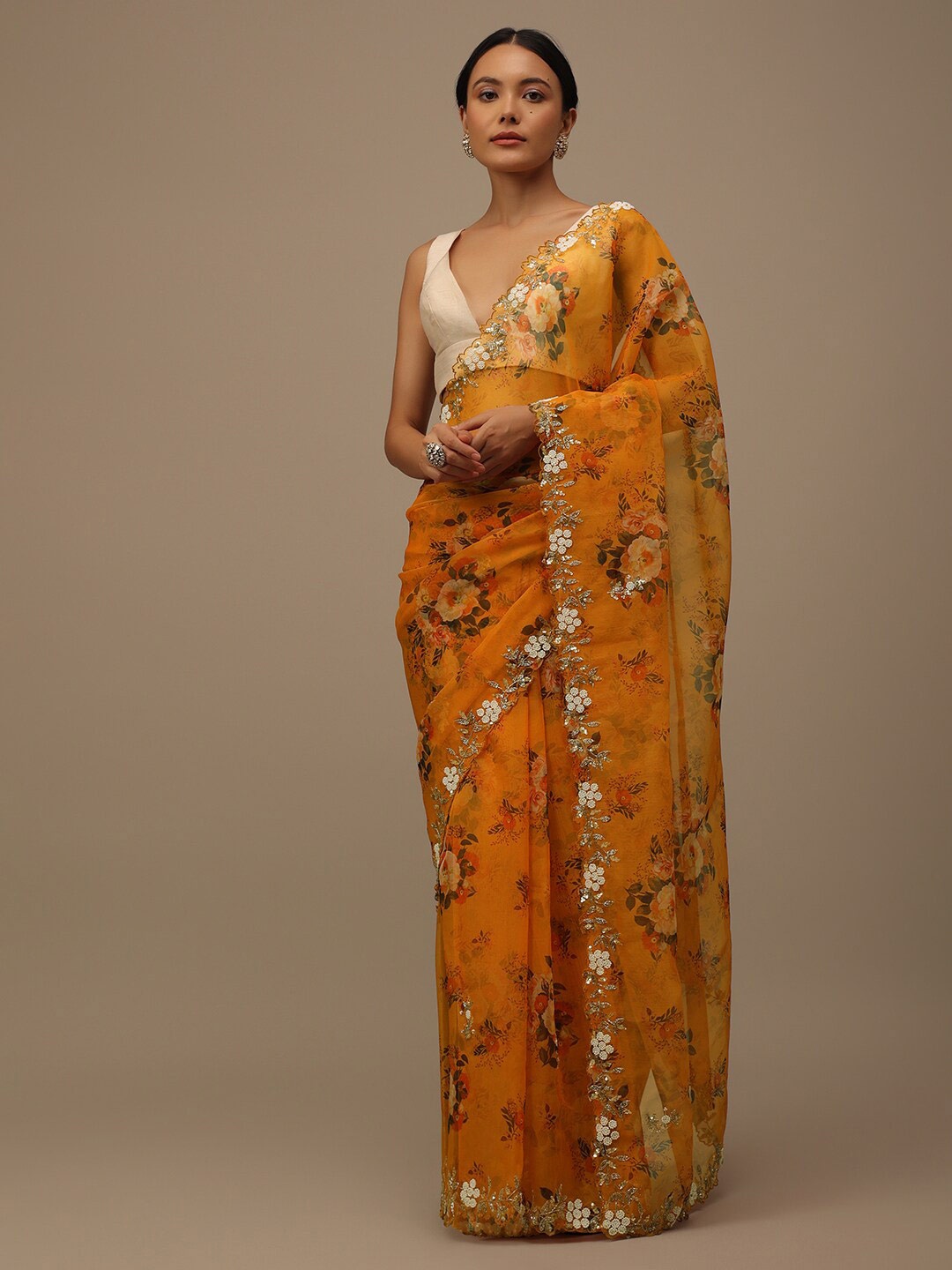 

KALKI Fashion Floral Printed Beads and Stones Organza Saree With Blouse, Orange