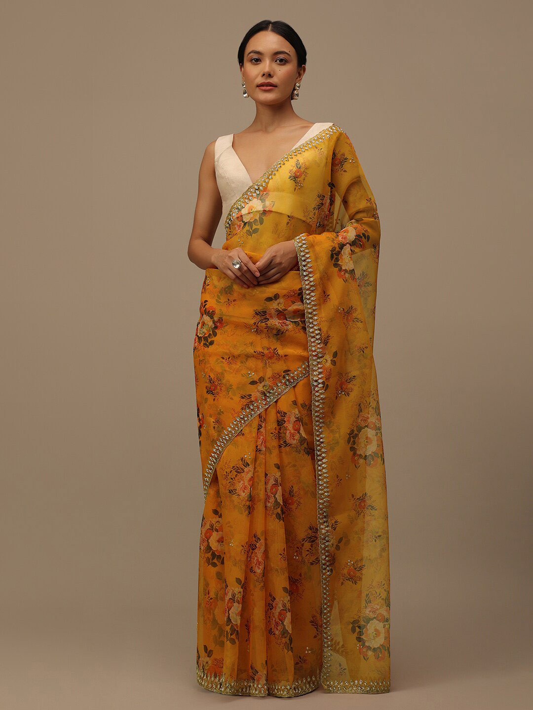 

KALKI Fashion Floral Printed Beads and Stones Organza Saree With Blouse, Mustard