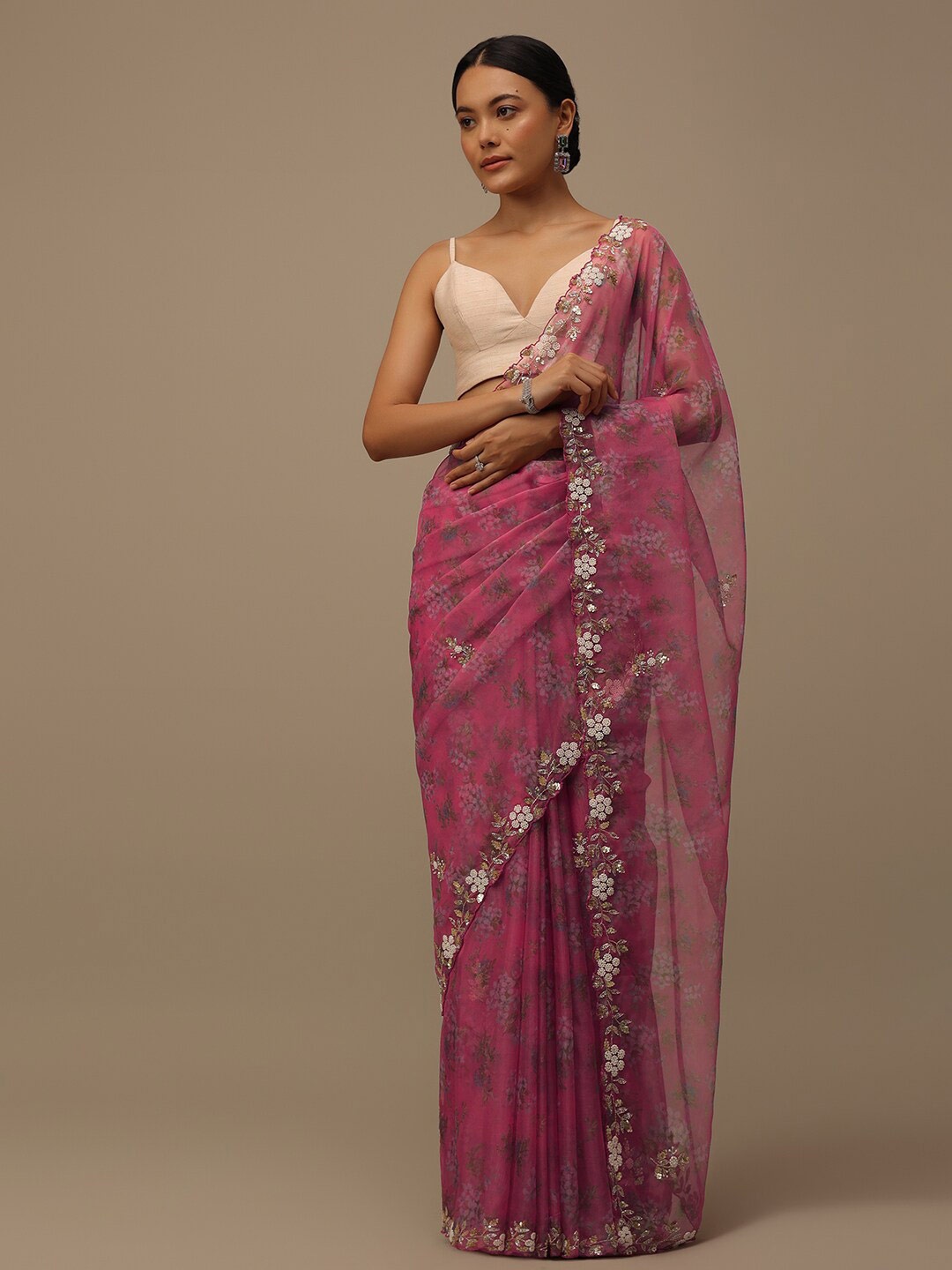 

KALKI Fashion Floral Printed Beads and Stones Organza Saree With Blouse, Pink