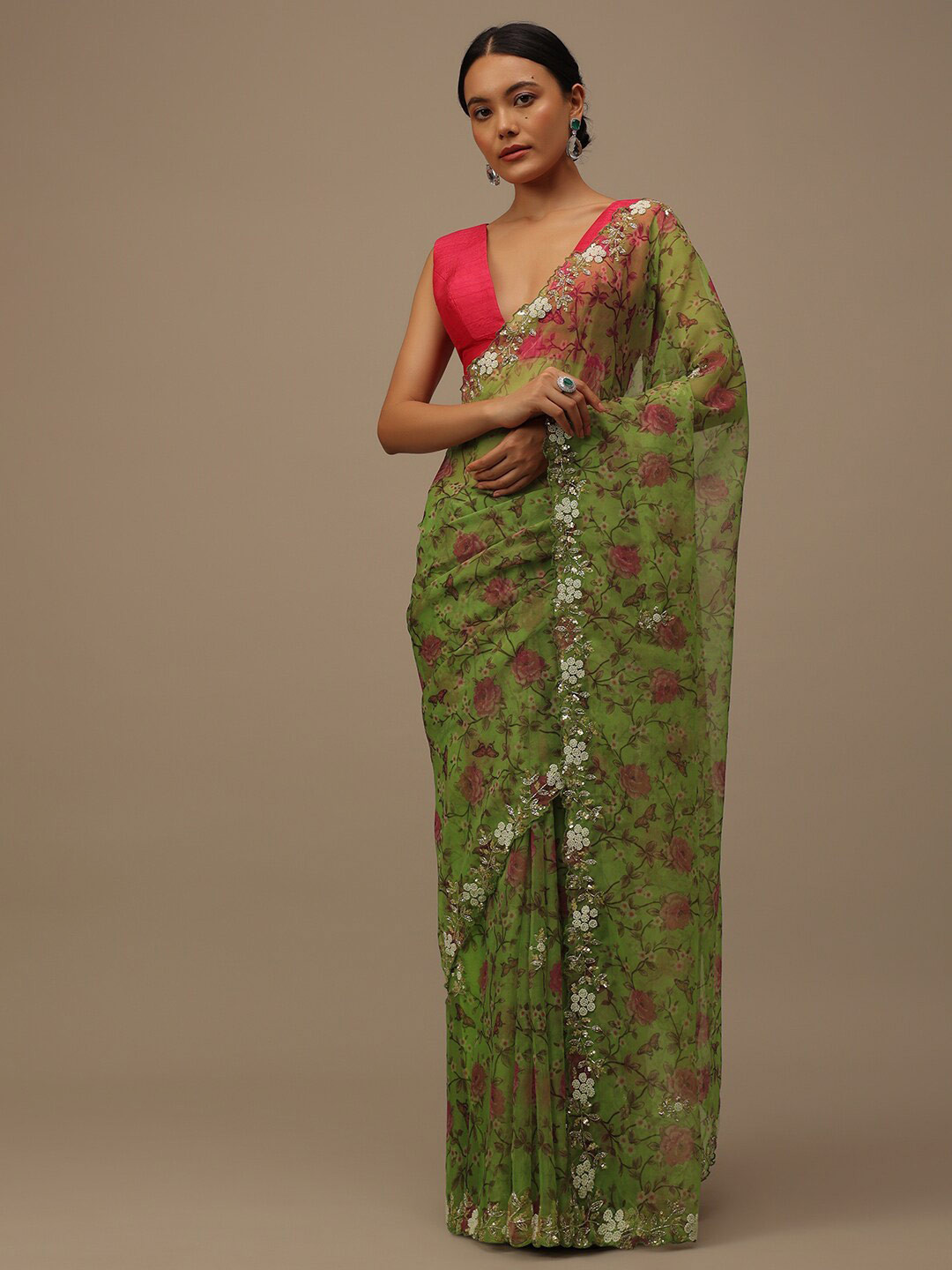

KALKI Fashion Floral Printed Beads and Stones Organza Saree With Blouse, Green