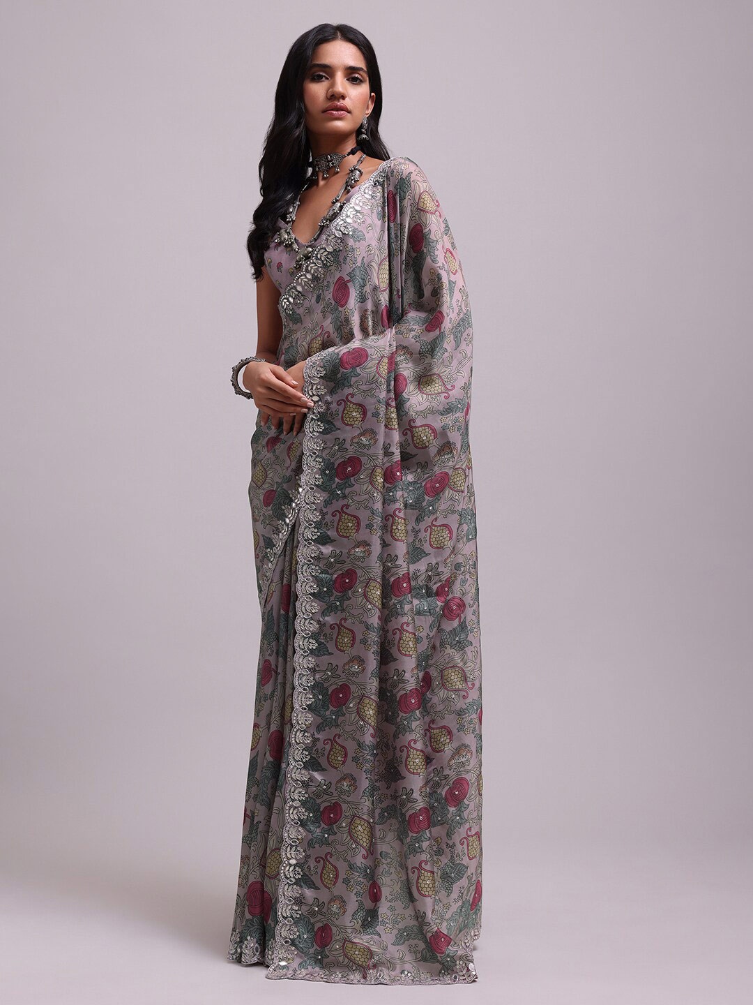 

KALKI Fashion Floral Printed Embroidered Detailed Saree, Grey