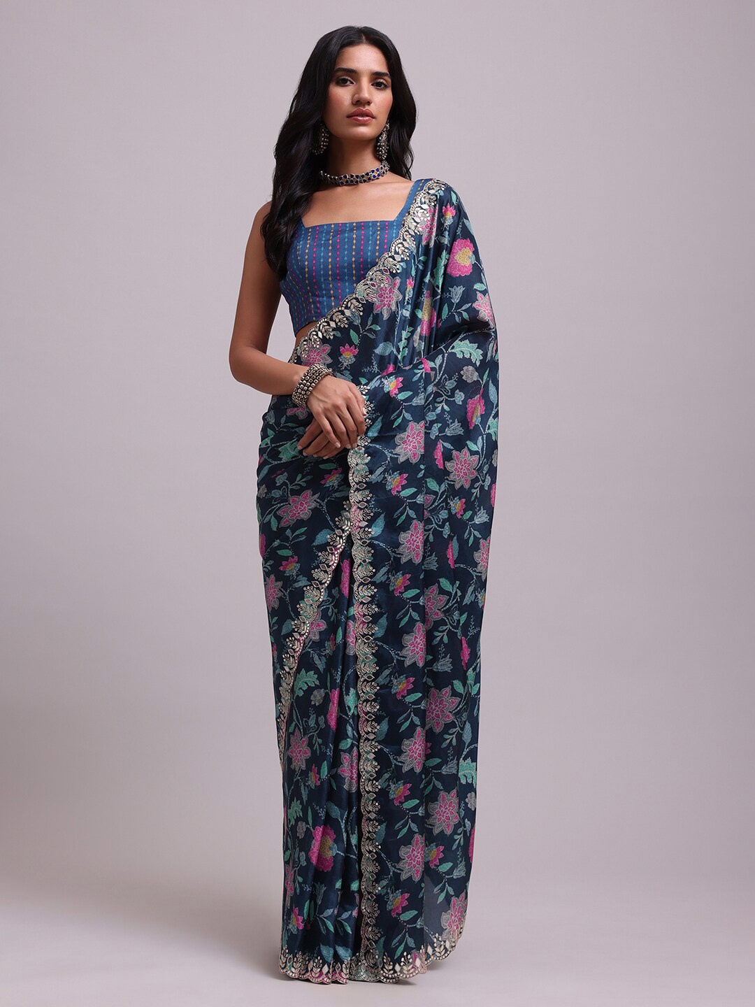 

KALKI Fashion Floral Printed Embroidered Detailed Saree, Blue