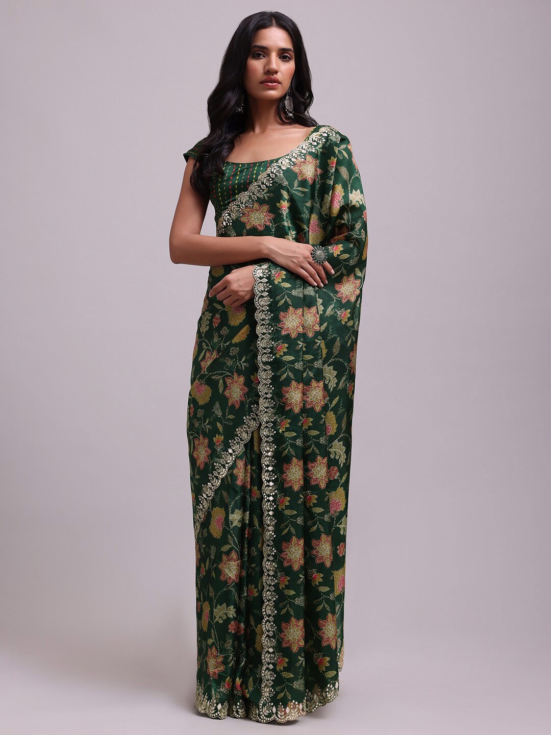 

KALKI Fashion Floral Printed Beads and Stones Saree With Blouse, Green