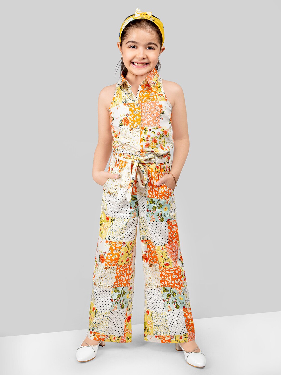 

Naughty Ninos Girls Floral Printed Shirt Collar Top With Palazzos, Orange