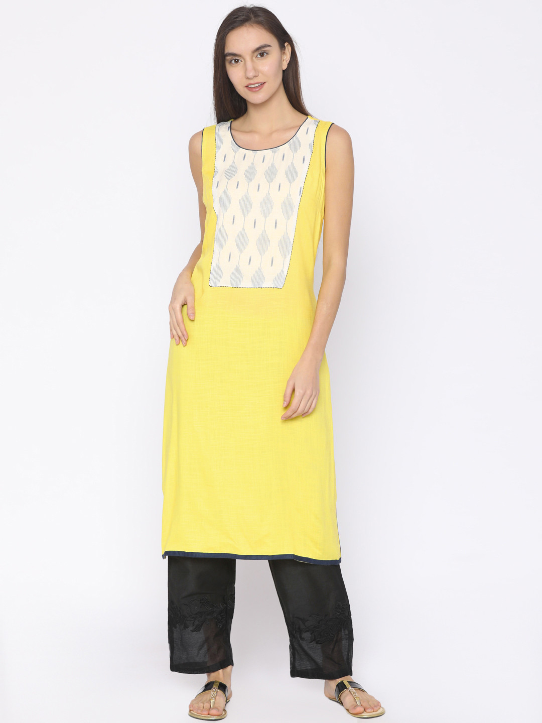 

RANGMANCH BY PANTALOONS Women Yellow Yoke Design A-Line Handloom Kurta