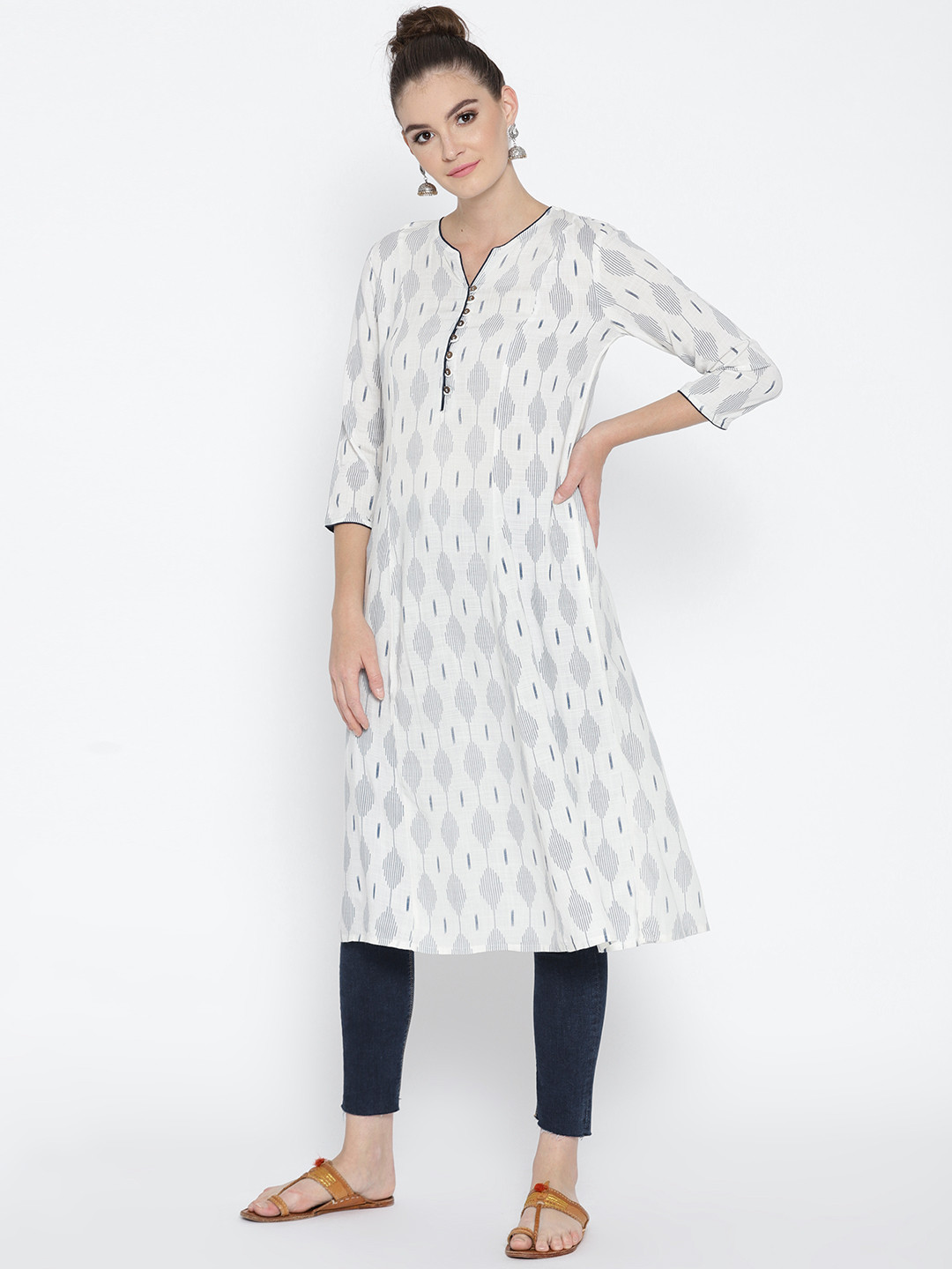

RANGMANCH BY PANTALOONS Women White & Blue Printed A-Line Kurta