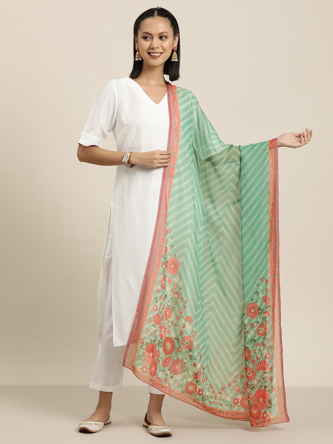 

HERE&NOW Floral Printed Bandhani Dupatta, Green