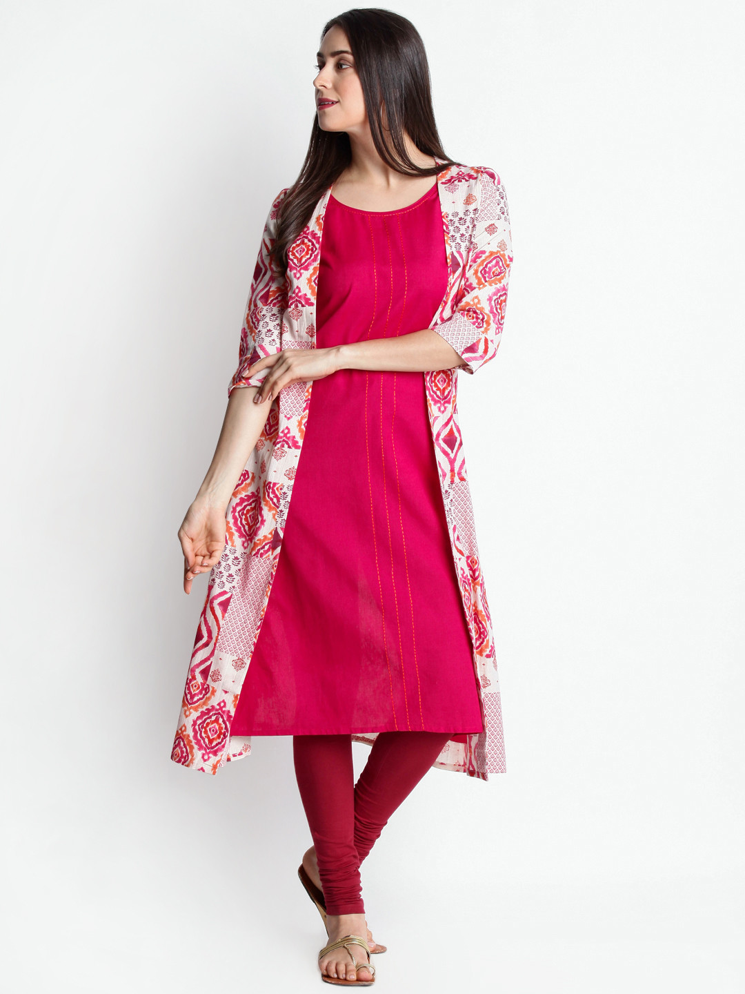 

RANGMANCH BY PANTALOONS Women Pink & Beige Printed A-Line Handloom Kurta