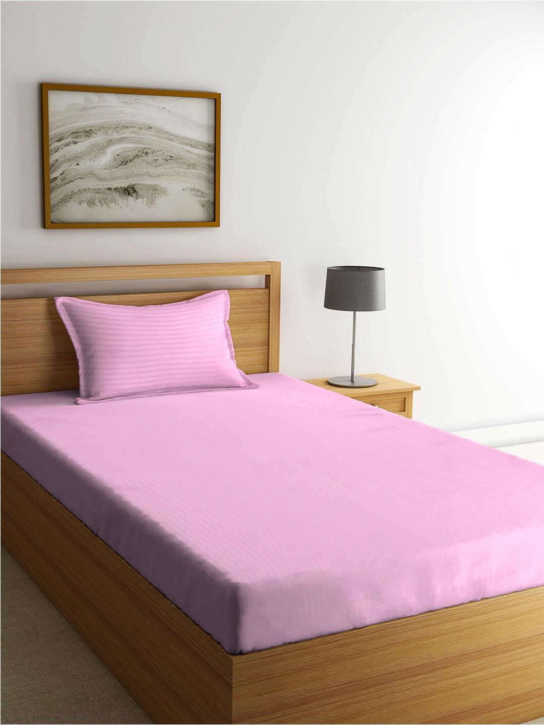

KLOTTHE Pink Striped 300 TC Fitted Single Bedsheet With 1 Pillow Cover