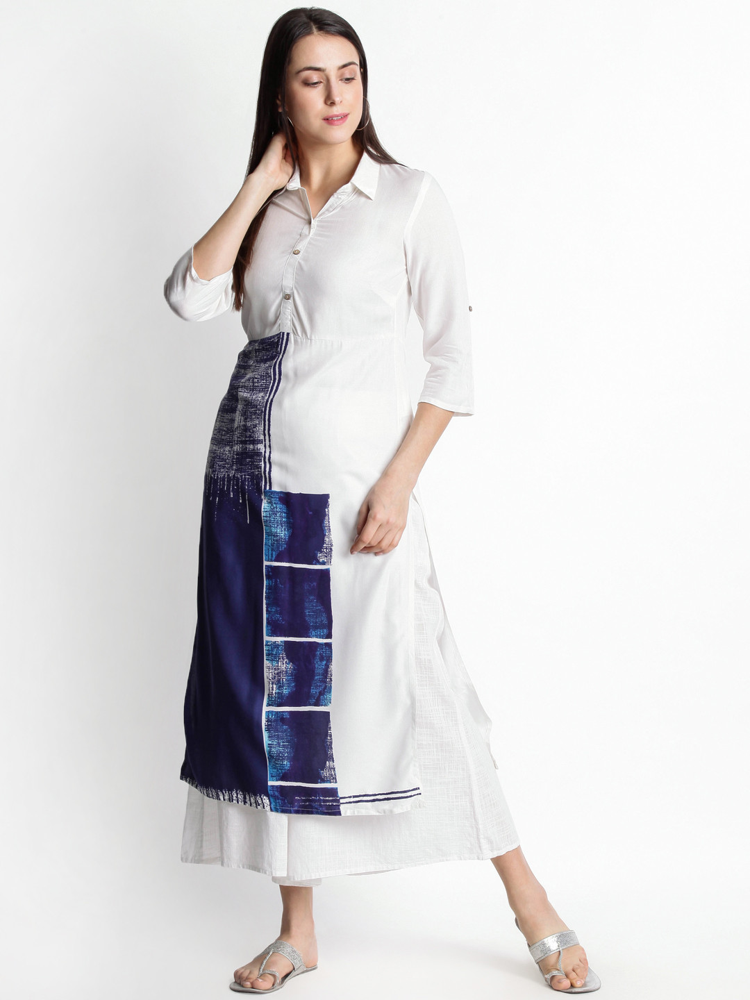 

RANGMANCH BY PANTALOONS Women White & Navy Blue Printed A-Line Handloom Kurta