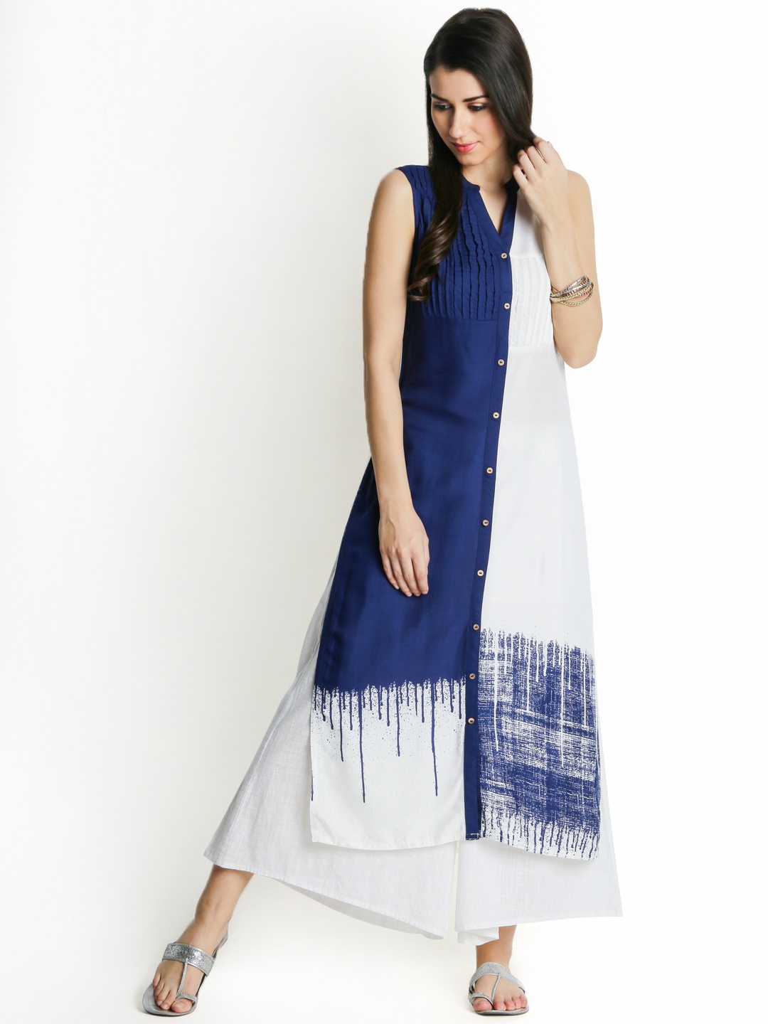 

RANGMANCH BY PANTALOONS Women White & Navy Blue Printed A-Line Handloom Kurta