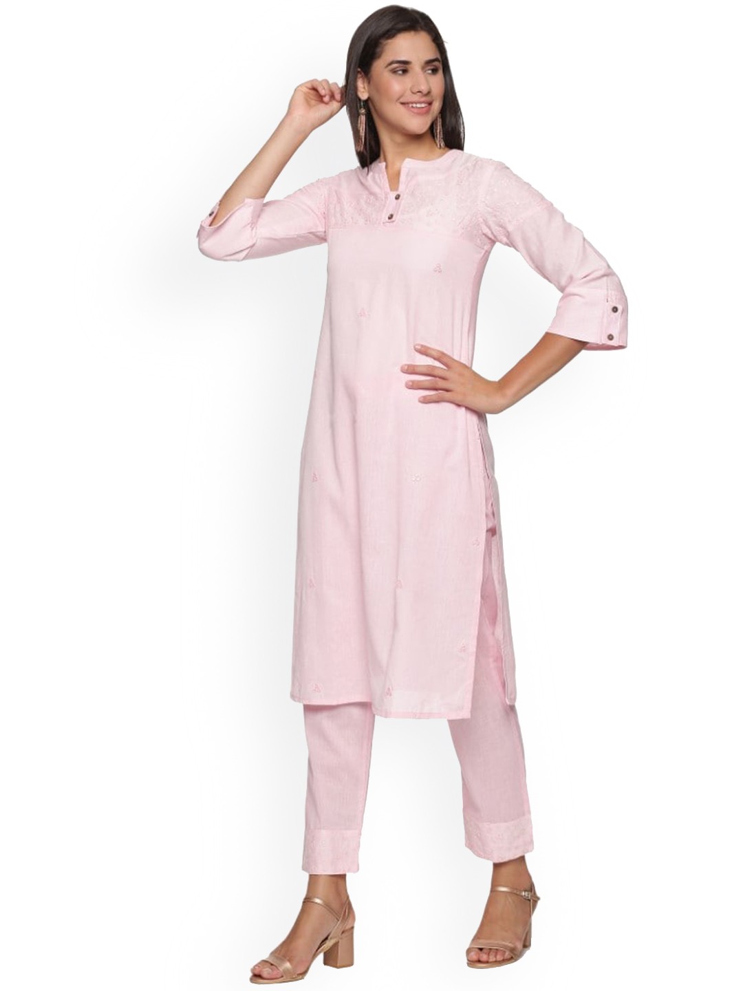 

WEAVERS SAGA Ethnic Motifs Embroidered Pure Cotton Kurta & Trousers, Pink