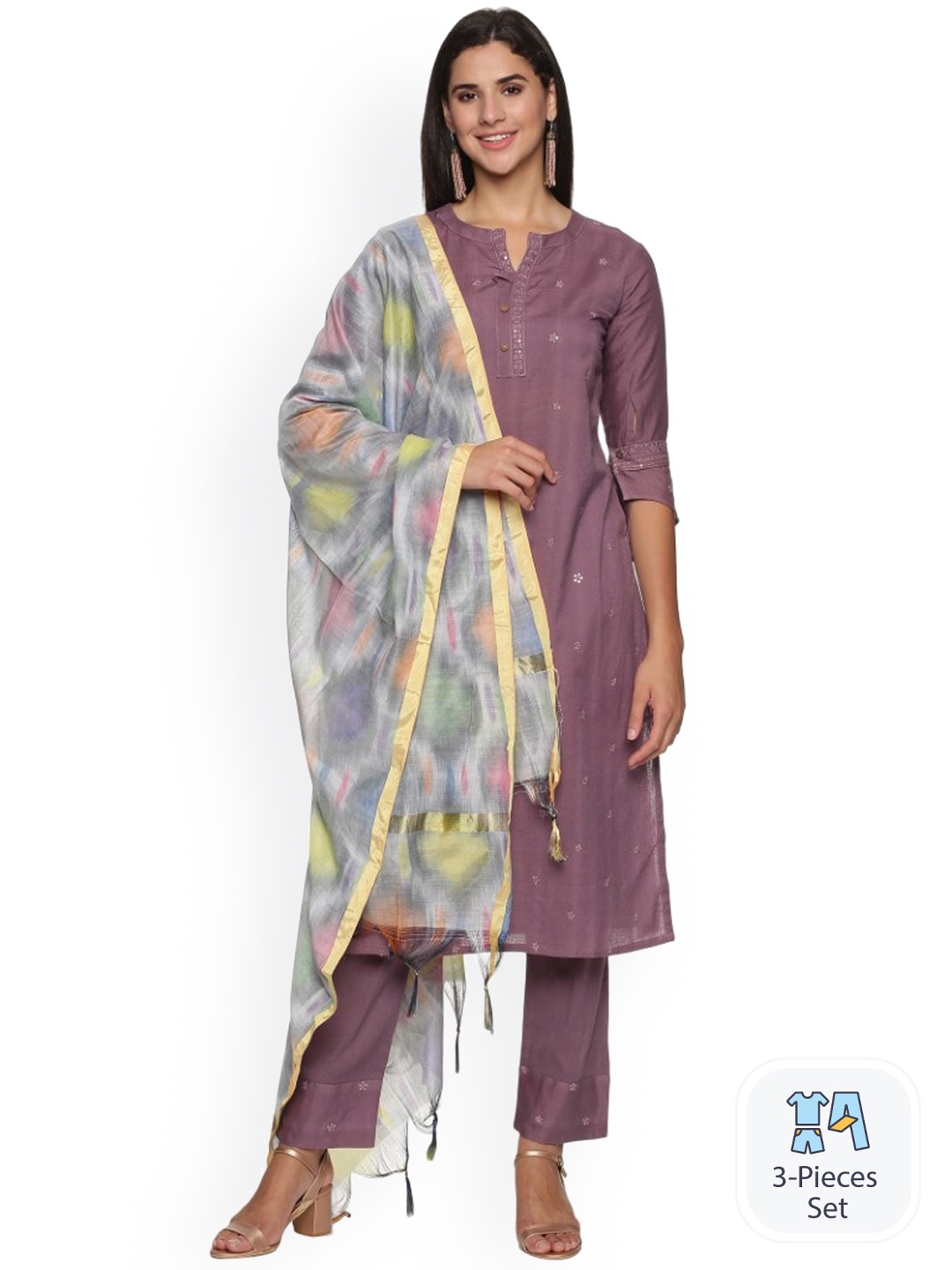 

WEAVERS SAGA Floral Embroidered Pure Cotton Kurta & Trousers With Dupatta, Mauve