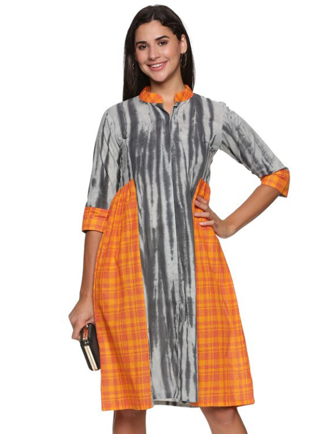 

WEAVERS SAGA Abstract Printed Mandarin Collar Pure Cotton A-Line Dress, Black