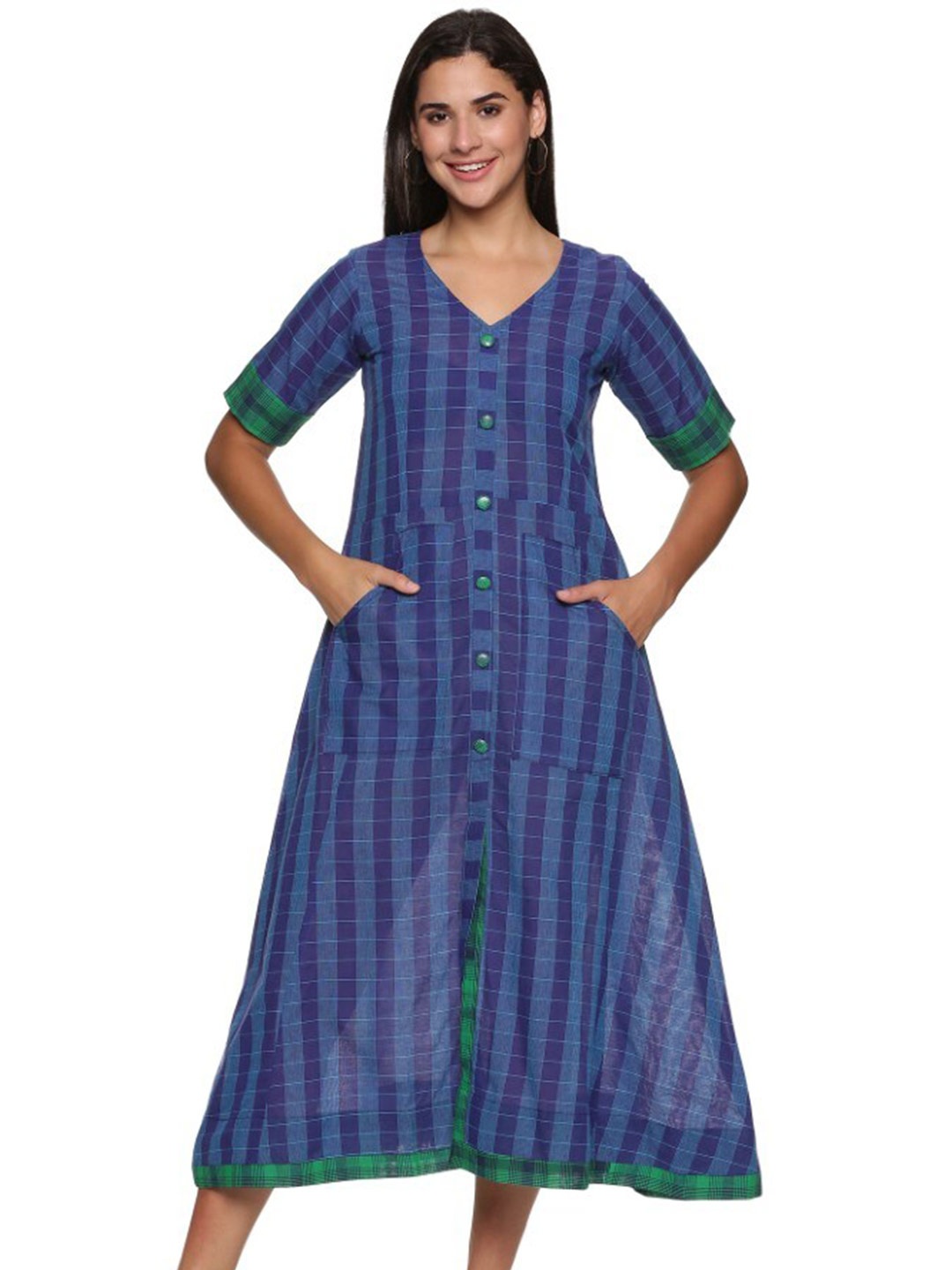 

WEAVERS SAGA Striped Pure Cotton A-Line Midi Dress, Blue