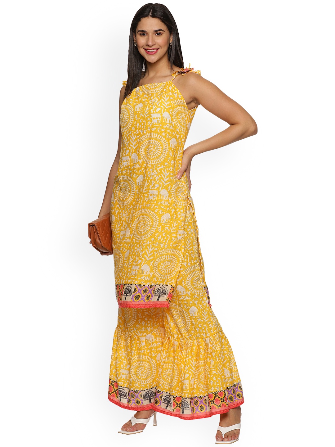 

WEAVERS SAGA Ethnic Motifs Printed Regular Pure Cotton Kurta With Sharara, Yellow