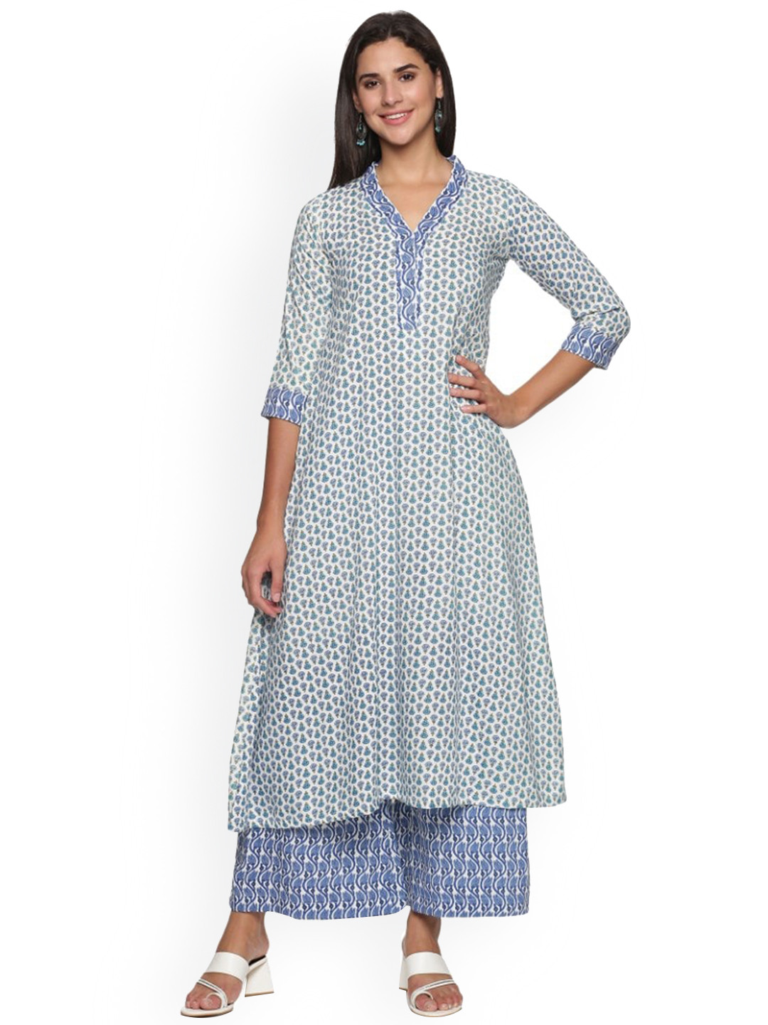 

WEAVERS SAGA Floral Printed Regular Pure Cotton A-Line Kurta With Palazzos, Blue