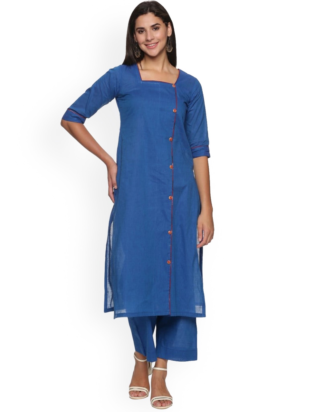 

WEAVERS SAGA Square Neck Regular Pure Cotton Kurta With Trousers, Blue