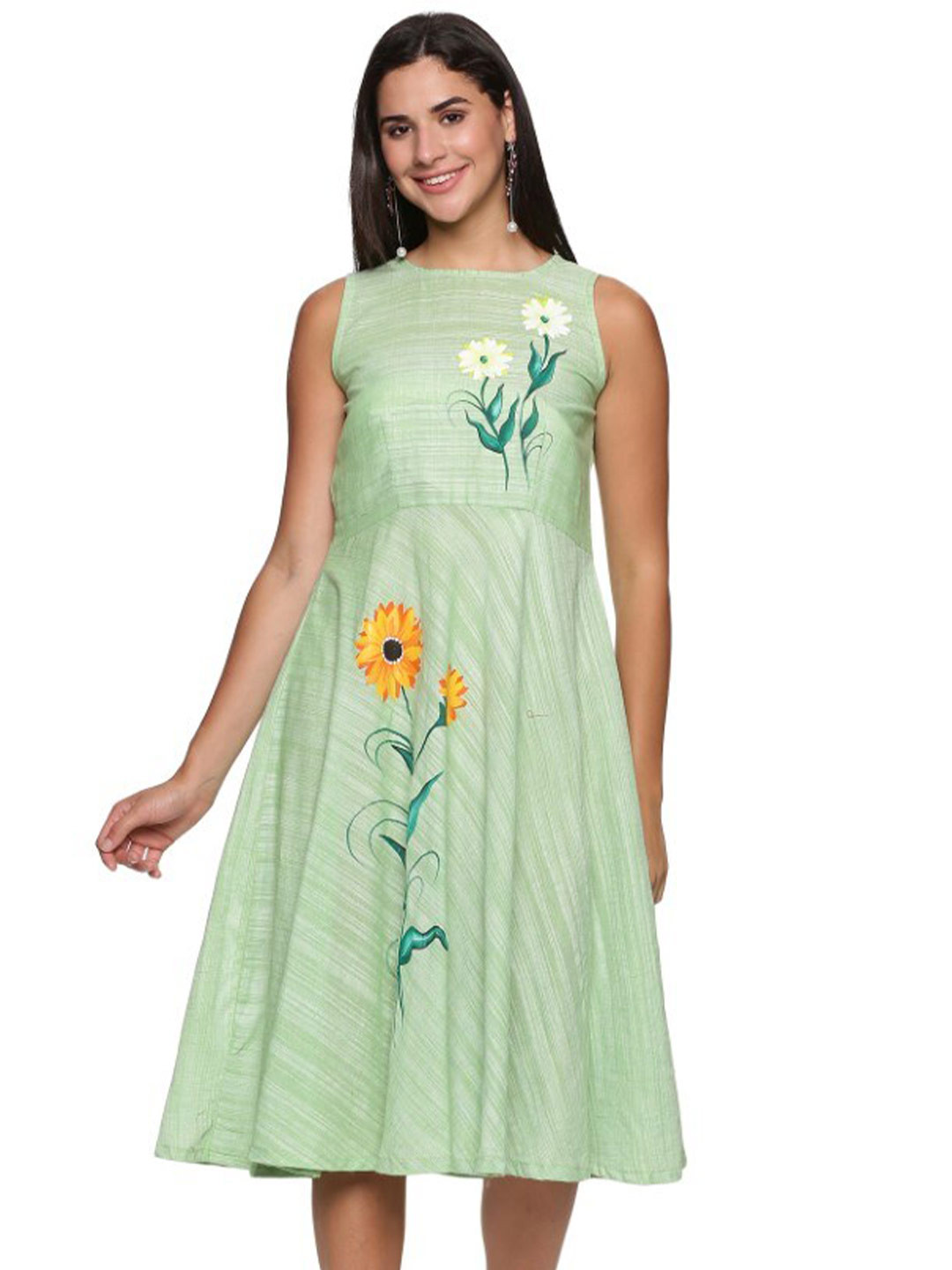 

WEAVERS SAGA Floral Printed Cotton Fit & Flare Dress, Green