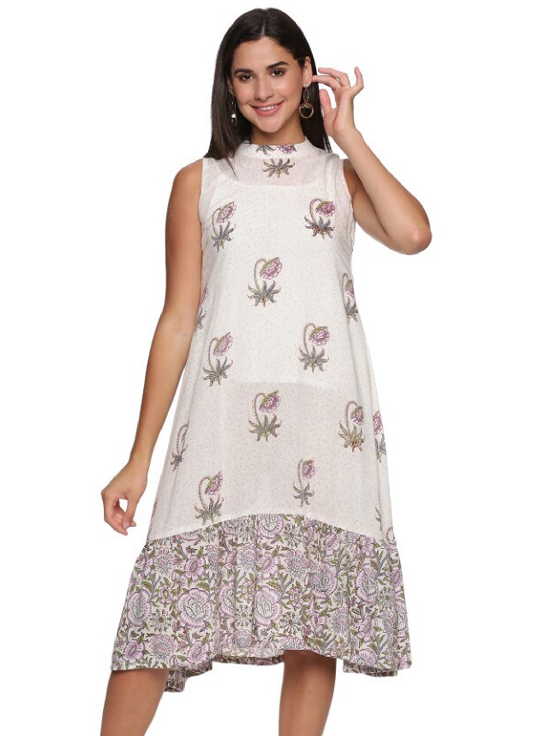 

WEAVERS SAGA Floral Printed Pure Cotton A-Line Dress, Cream