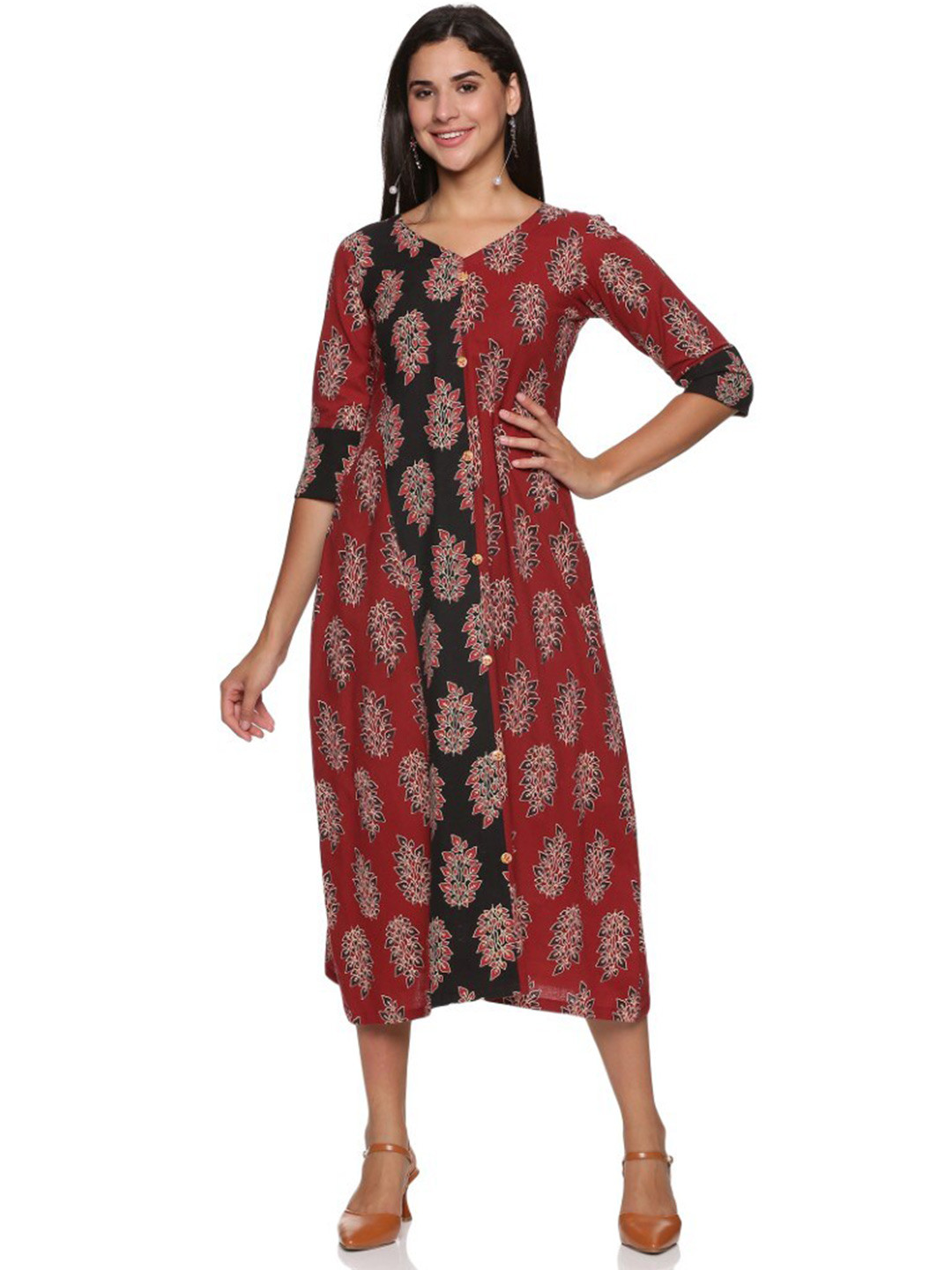 

WEAVERS SAGA Floral Printed Pure Cotton A-Line Midi Dress, Red