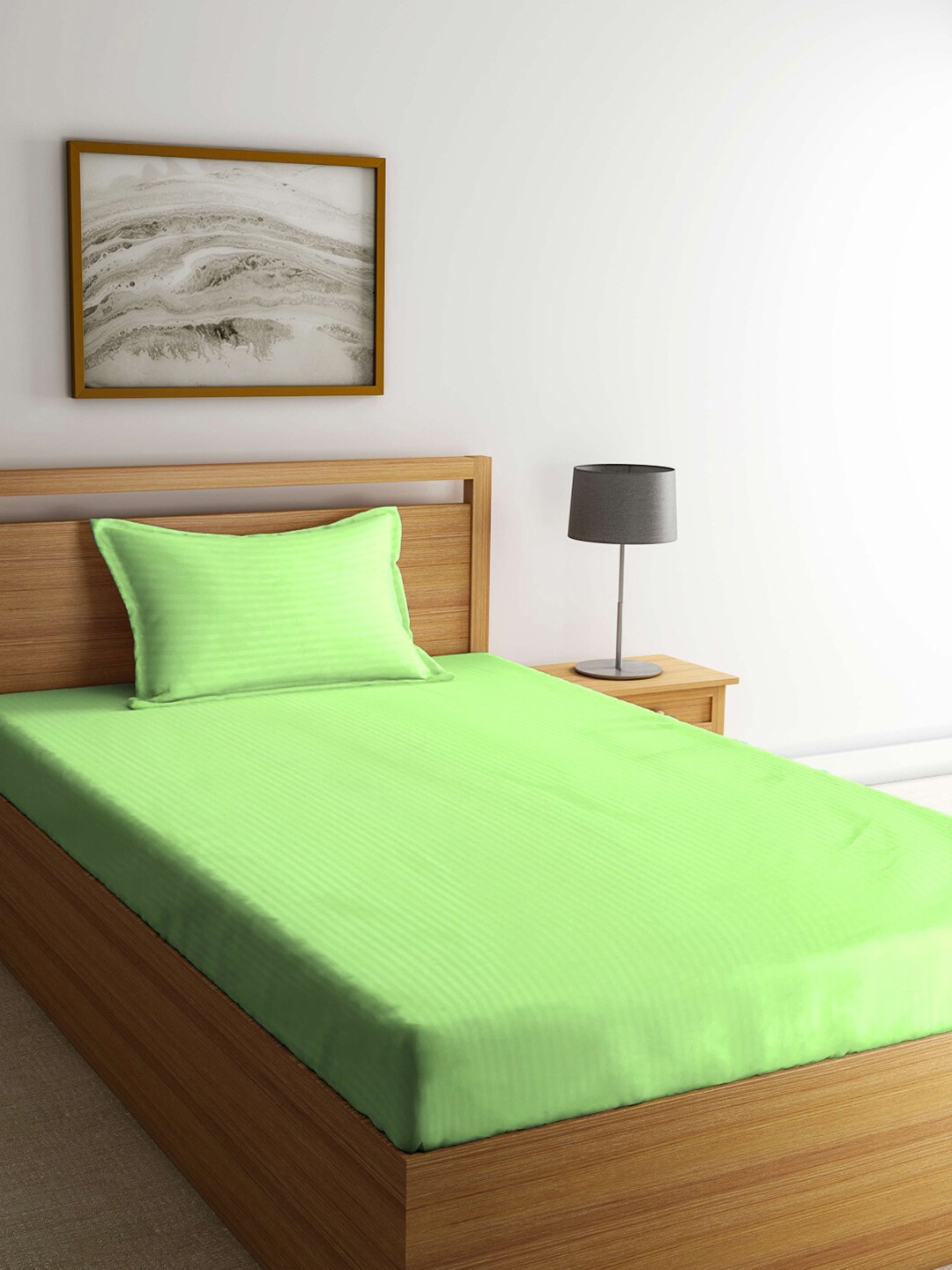 

KLOTTHE Green Striped 300 TC Fitted Single Bedsheet With 1 Pillow Cover