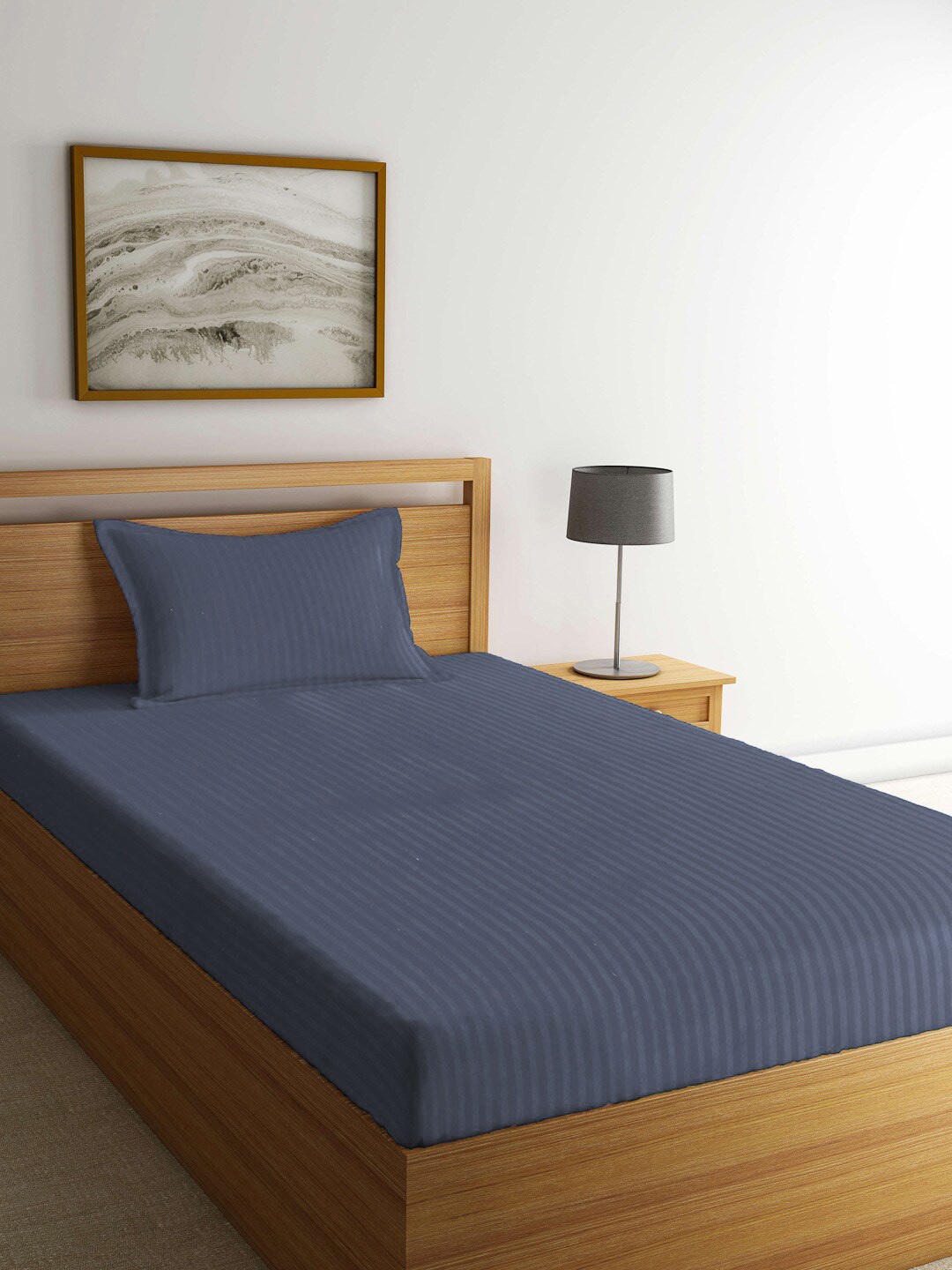 

KLOTTHE Grey Striped 300 TC Fitted Single Bedsheet With 1 Pillow Cover