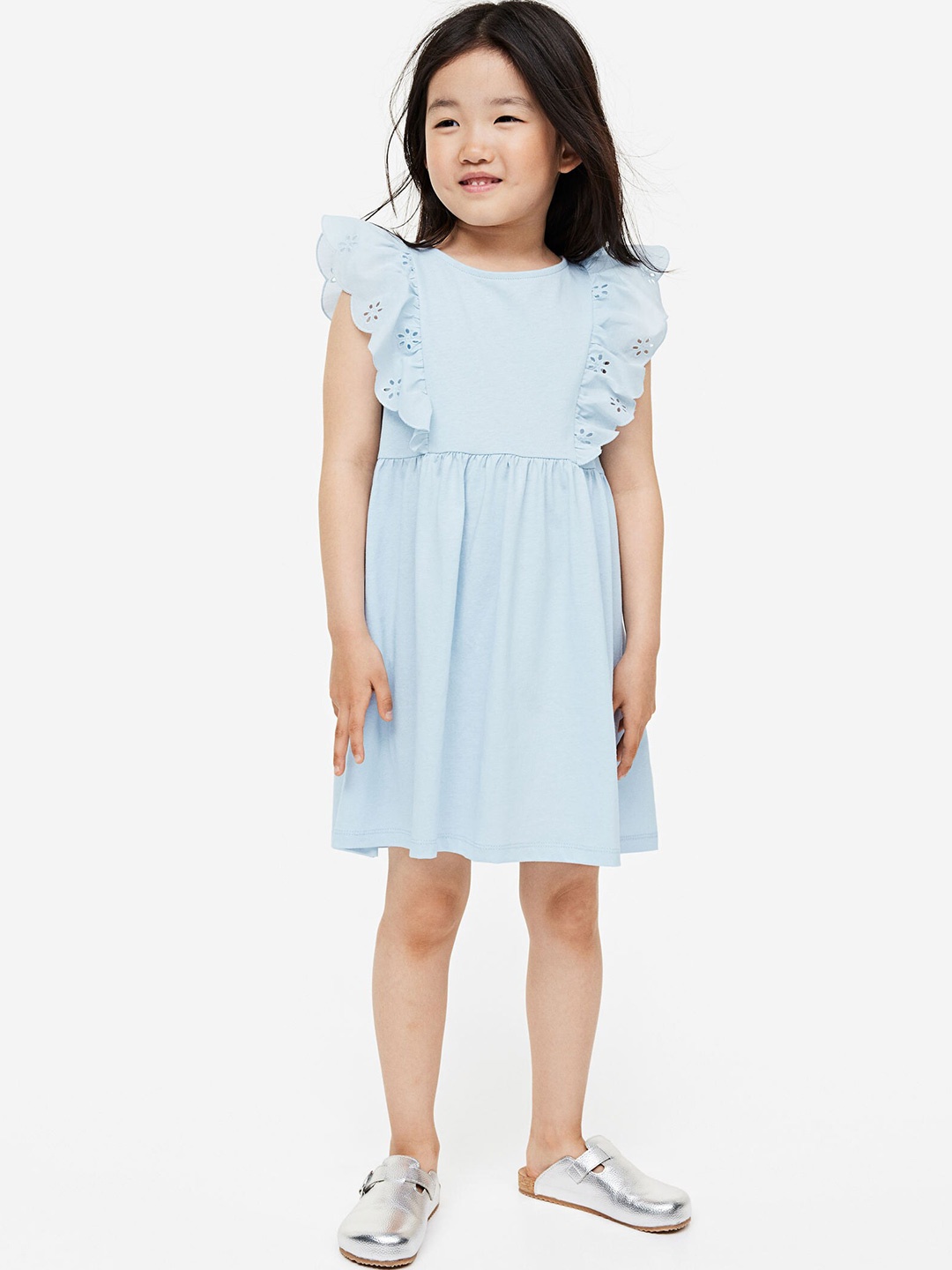 

H&M Girls Pure Cotton Broderie Anglaise Frill-Trimmed Dresses, Turquoise blue