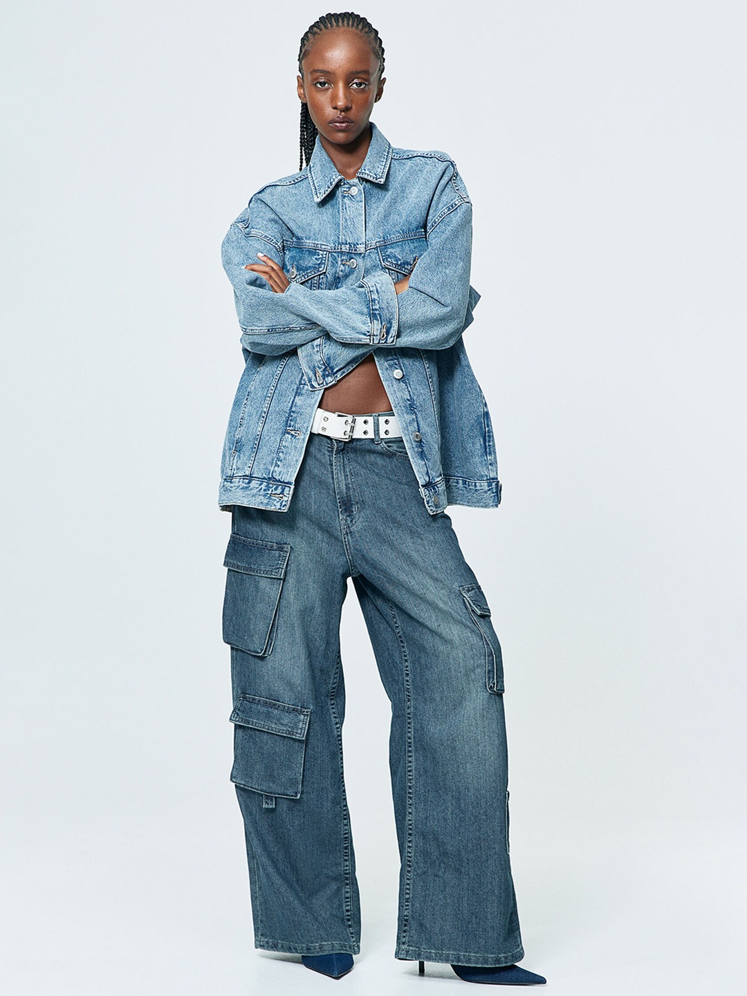 

H&M Women Wide High Cargo Jeans, Blue