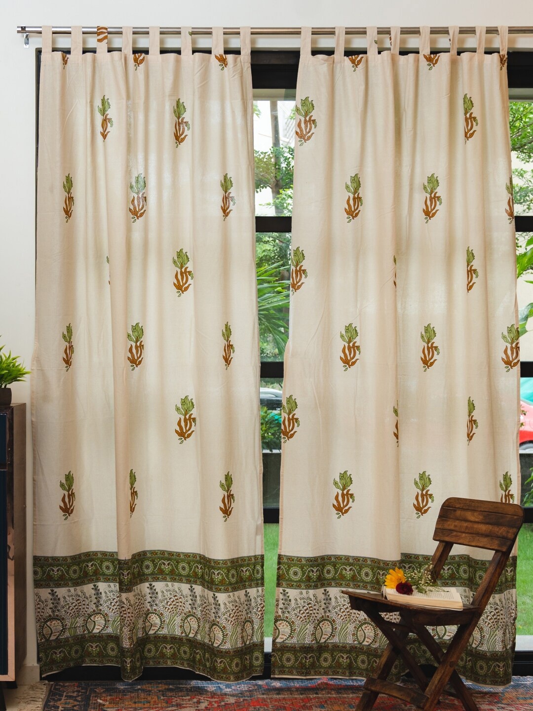 

URBAN SPACE 2 Pcs Off White & Olive Green Ethnic Motifs Cotton Window Curtain