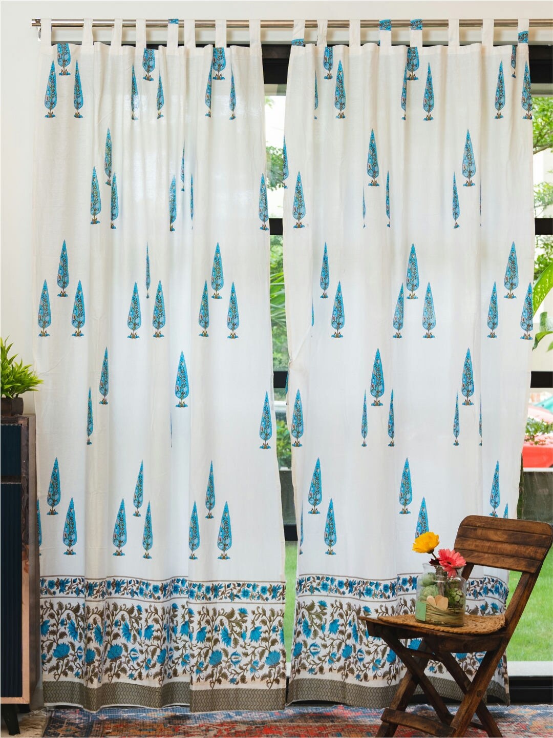 

URBAN SPACE White & Blue 2-Pieces Ethnic Motifs Window Curtains