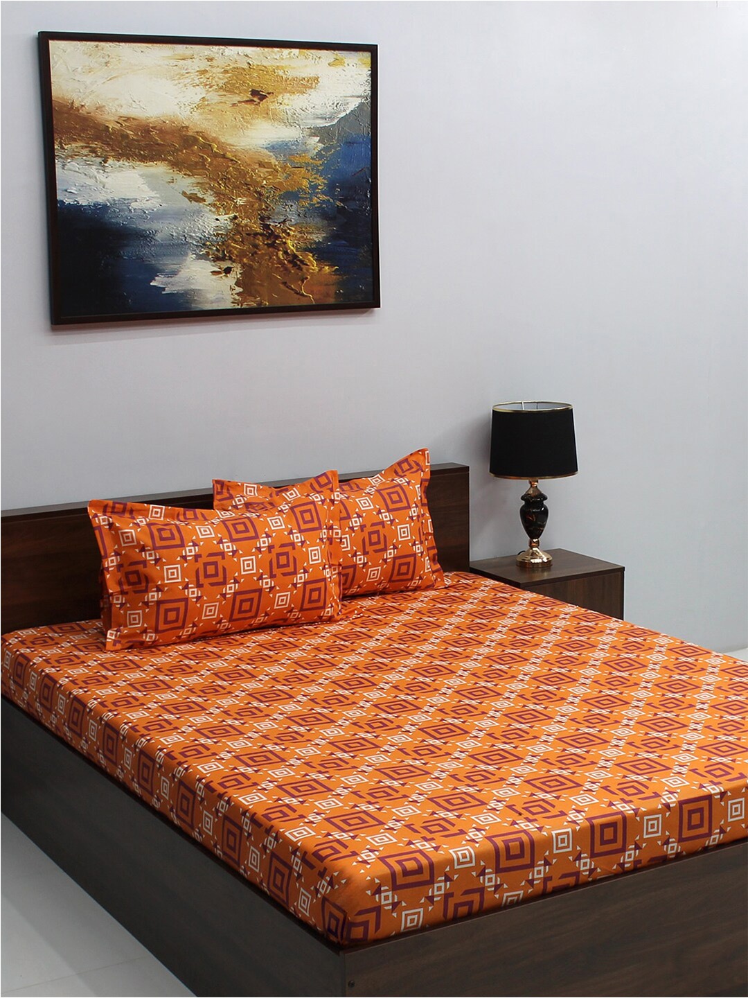 

Raymond Home Jazzy Brown Geometric Cotton 120 TC Queen Bedsheet with 2 Pillow Covers