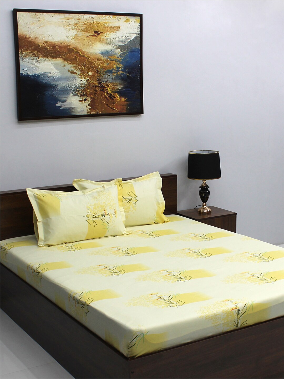 

Raymond Home Jazzy White & Yellow Floral Cotton 120 TC Queen Bedsheet with 2 Pillow Covers