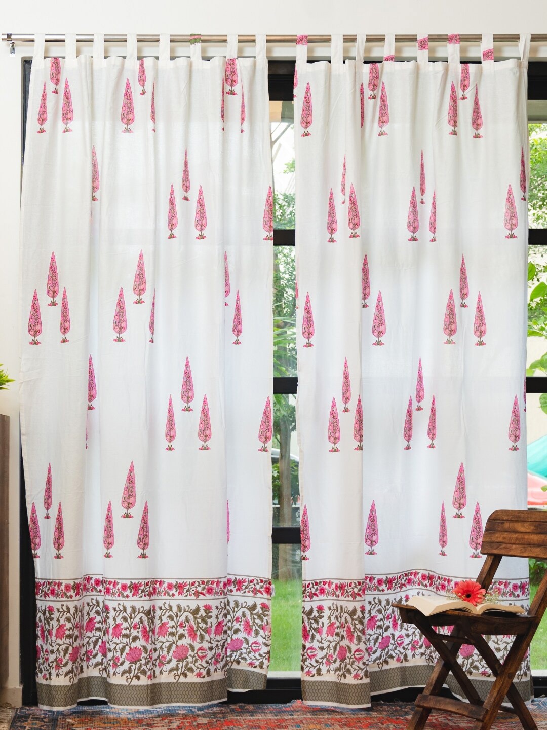 

URBAN SPACE White & Pink 2 Pieces Ethnic Motifs Cotton Door Curtains