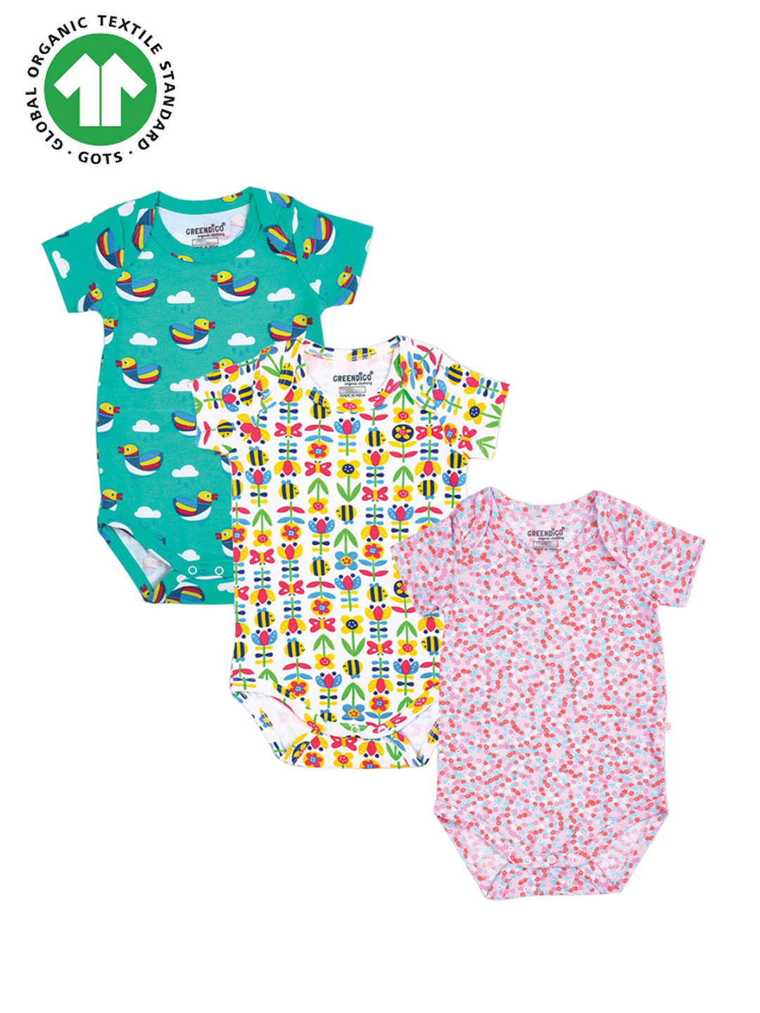 

GREENDIGO Infants Pack Of 3 Printed Organic Cotton Bodysuit, Green