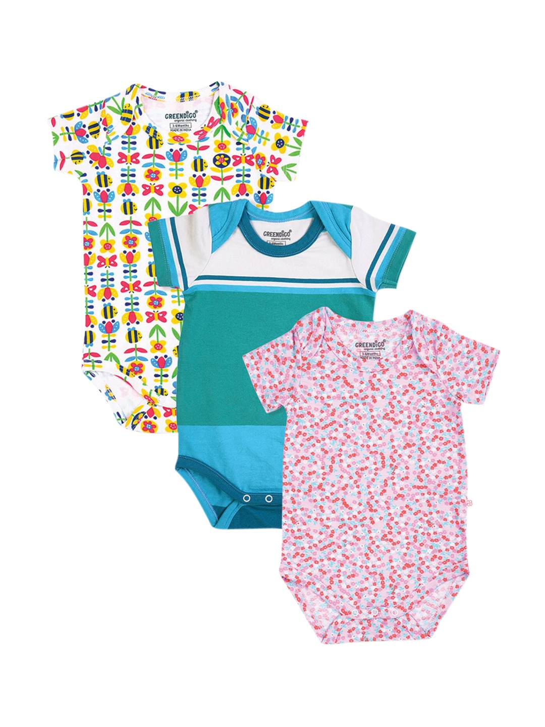 

GREENDIGO Infants Pack Of 3 Printed Organic Cotton Bodysuits, White
