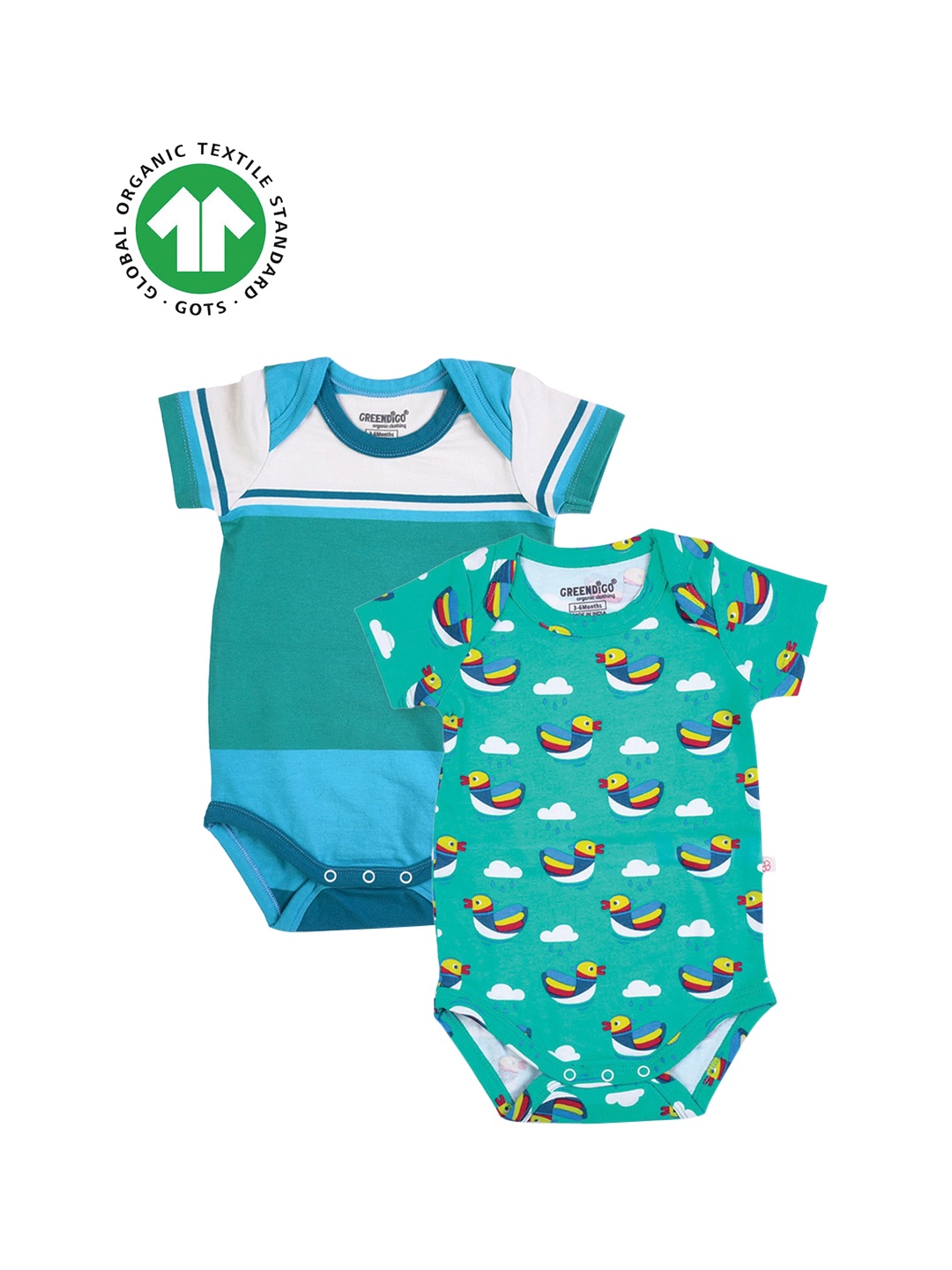 

GREENDIGO Infants Pack Of 2 Printed Organic Cotton Bodysuits, Green