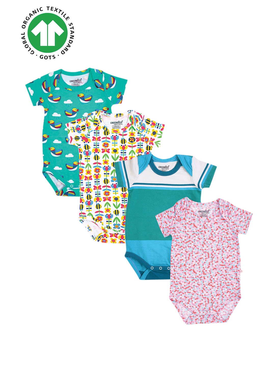 

GREENDIGO Infant Kids Pack Of 4 Printed Organic Cotton Bodysuits, Green