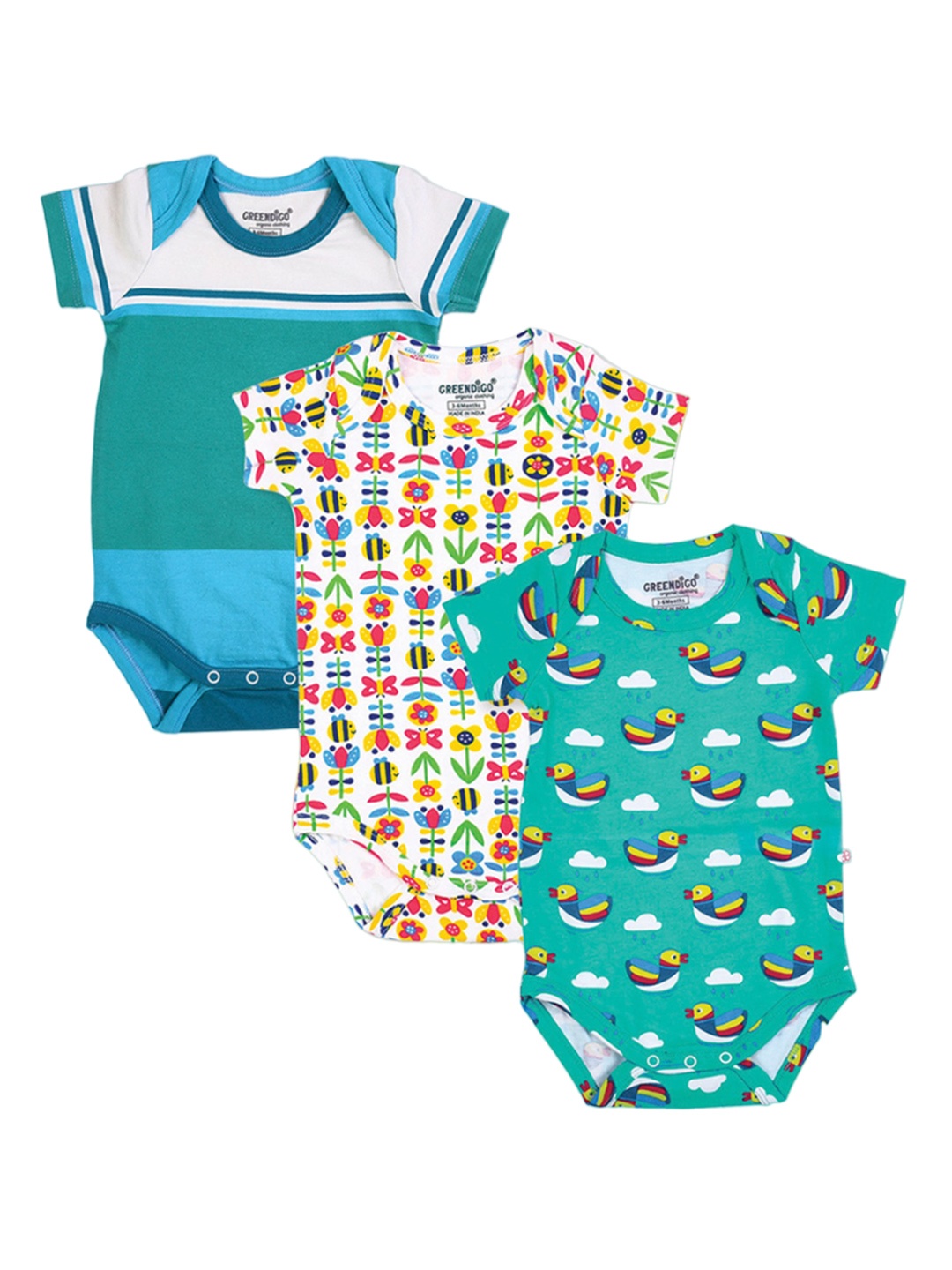 

GREENDIGO Infants Pack Of 3 Printed Organic Cotton Bodysuit, Green