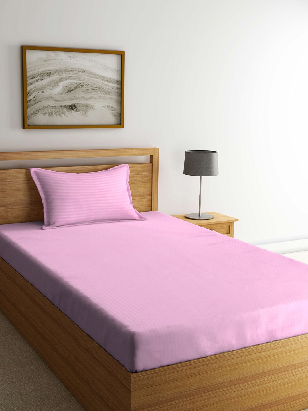 

KLOTTHE Pink Striped 300 TC Single Bedsheet With Pillow Cover