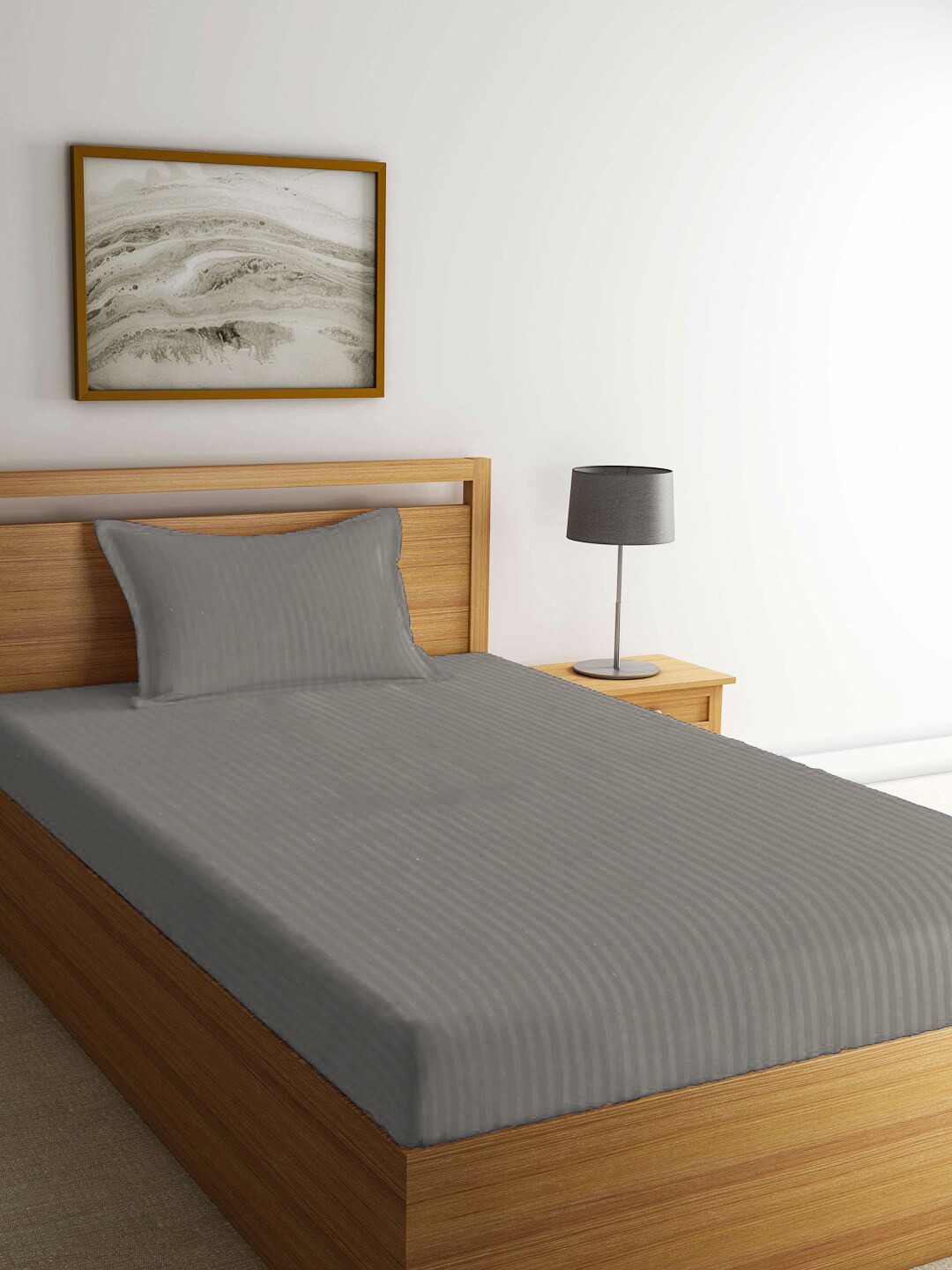 

KLOTTHE Beige Striped 300 TC Single Bedsheet With 1 Pillow Cover