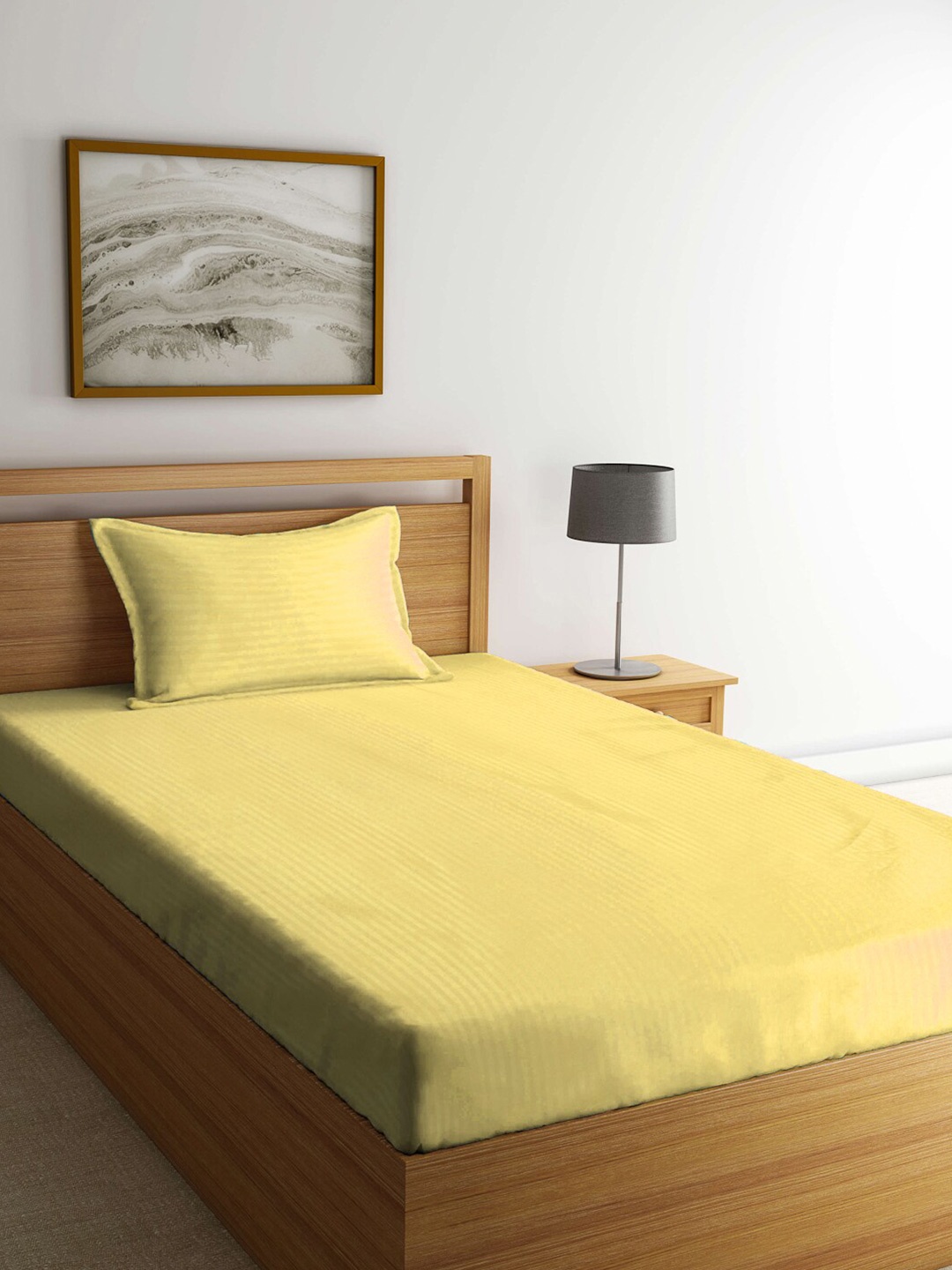 

KLOTTHE Yellow Striped 300TC Single Bedsheet With Pillow Cover