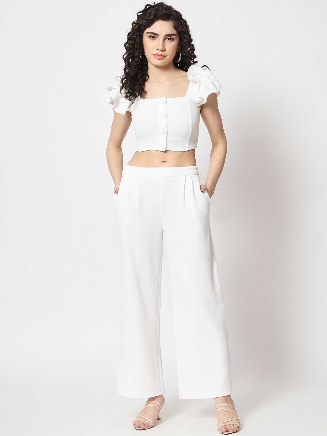 

Beatnik Square Neck Ruffled Sleeves Crop Top & Trousers, White