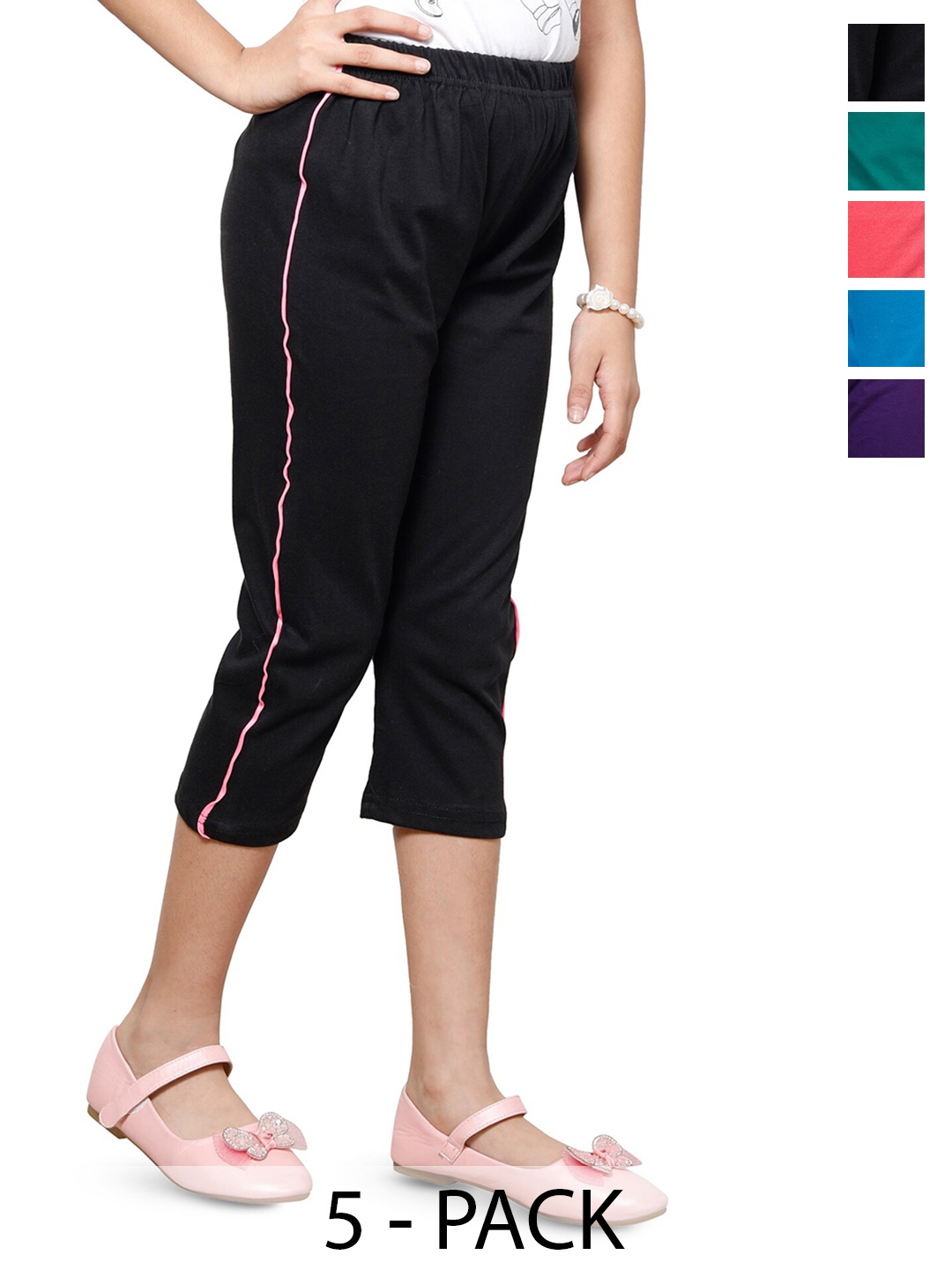 

BAESD Girls Pack Of 5 High-Rise Pure Cotton Capris, Black