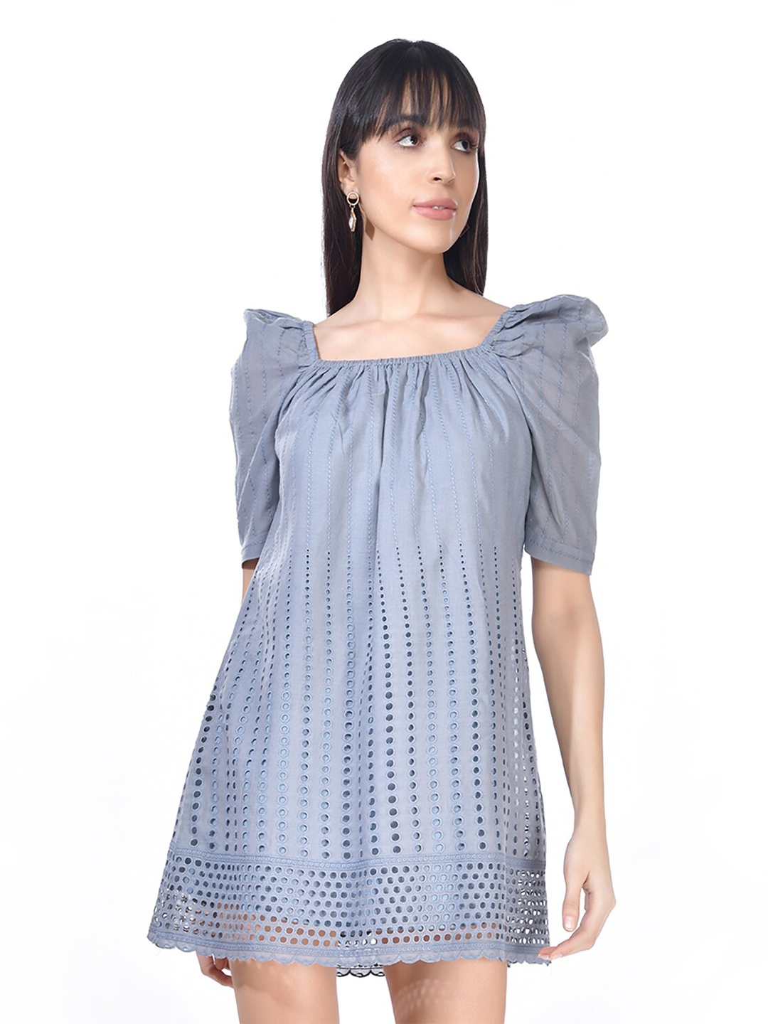 

Beatnik Square Neck Puff Sleeves Schiffli Pure Cotton A-Line Mini Dress, Grey