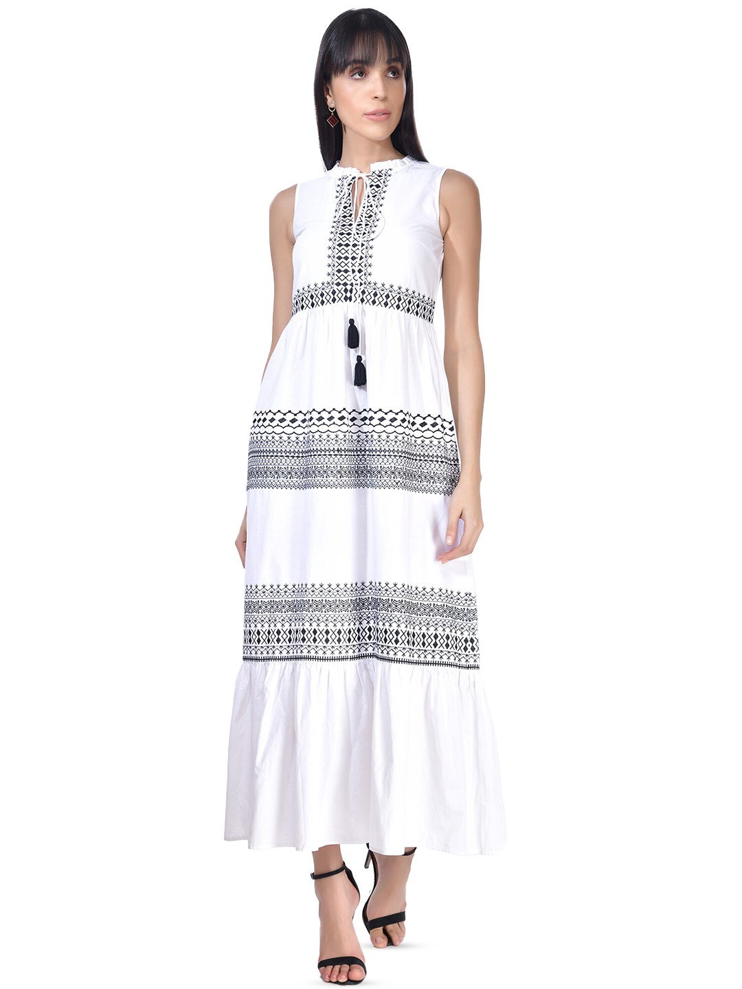 

Beatnik Ethnic Motifs Embroidered Pure Cotton Maxi Dress, White